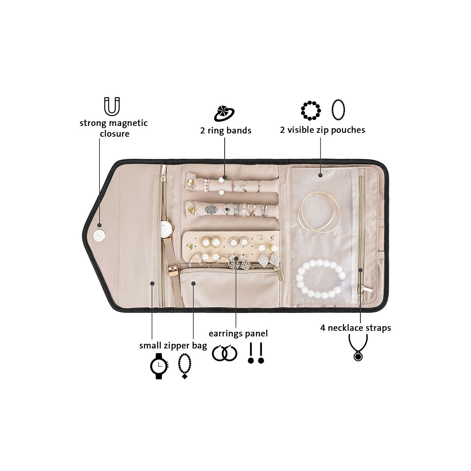 Sac à bijoux pliable léger avec pochettes à fermeture à glissière et fermeture magnétique