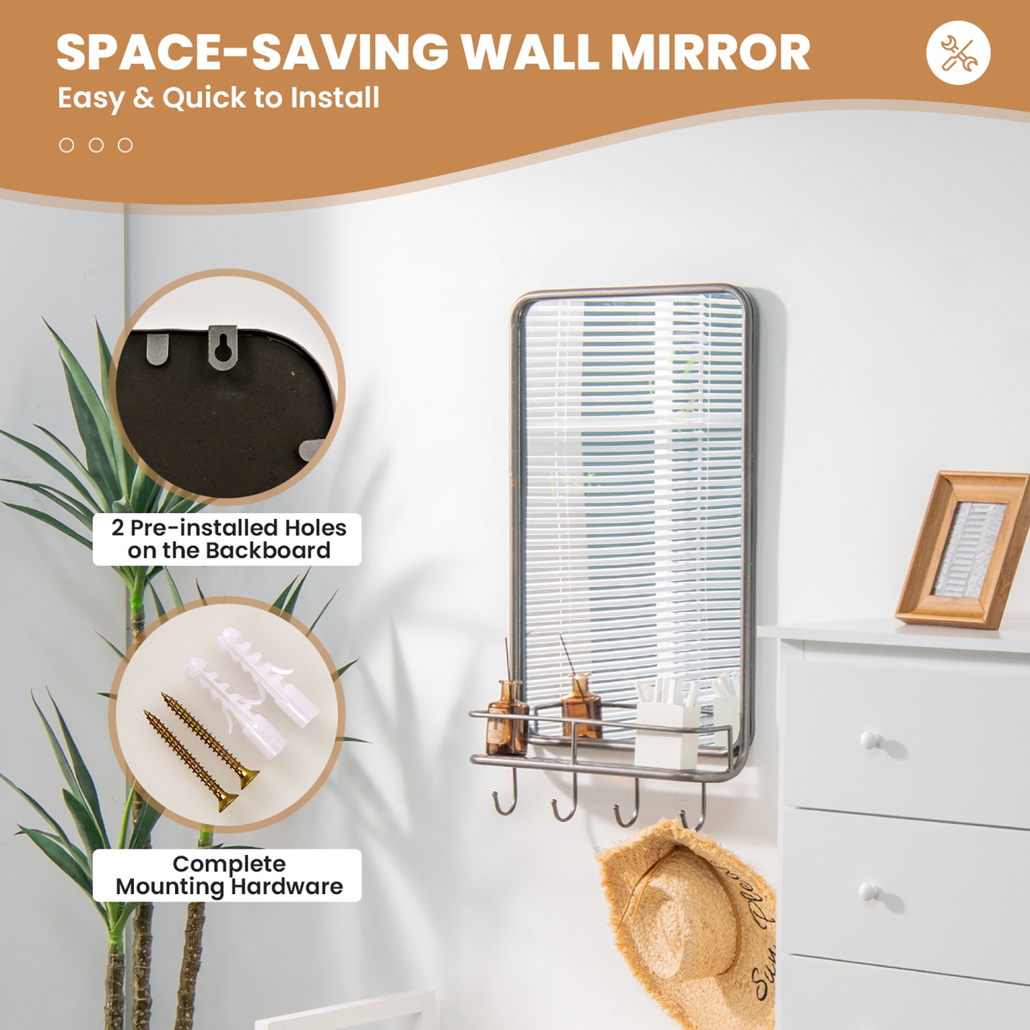 Costway Wall Bathroom Mirror w/ Shelf Hooks Sturdy Metal Frame for Bedroom Living Room