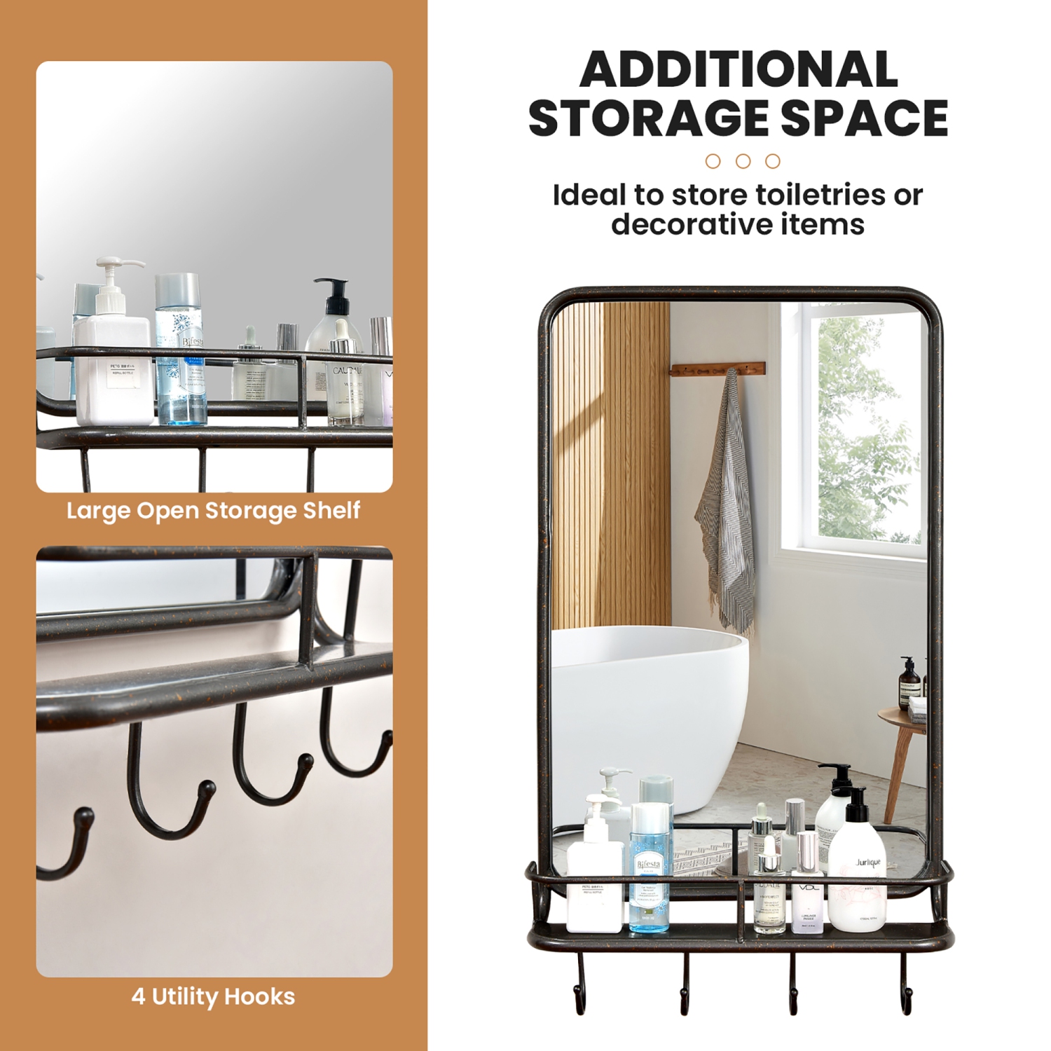 Costway Wall Bathroom Mirror w/ Shelf Hooks Sturdy Metal Frame for Bedroom Living Room