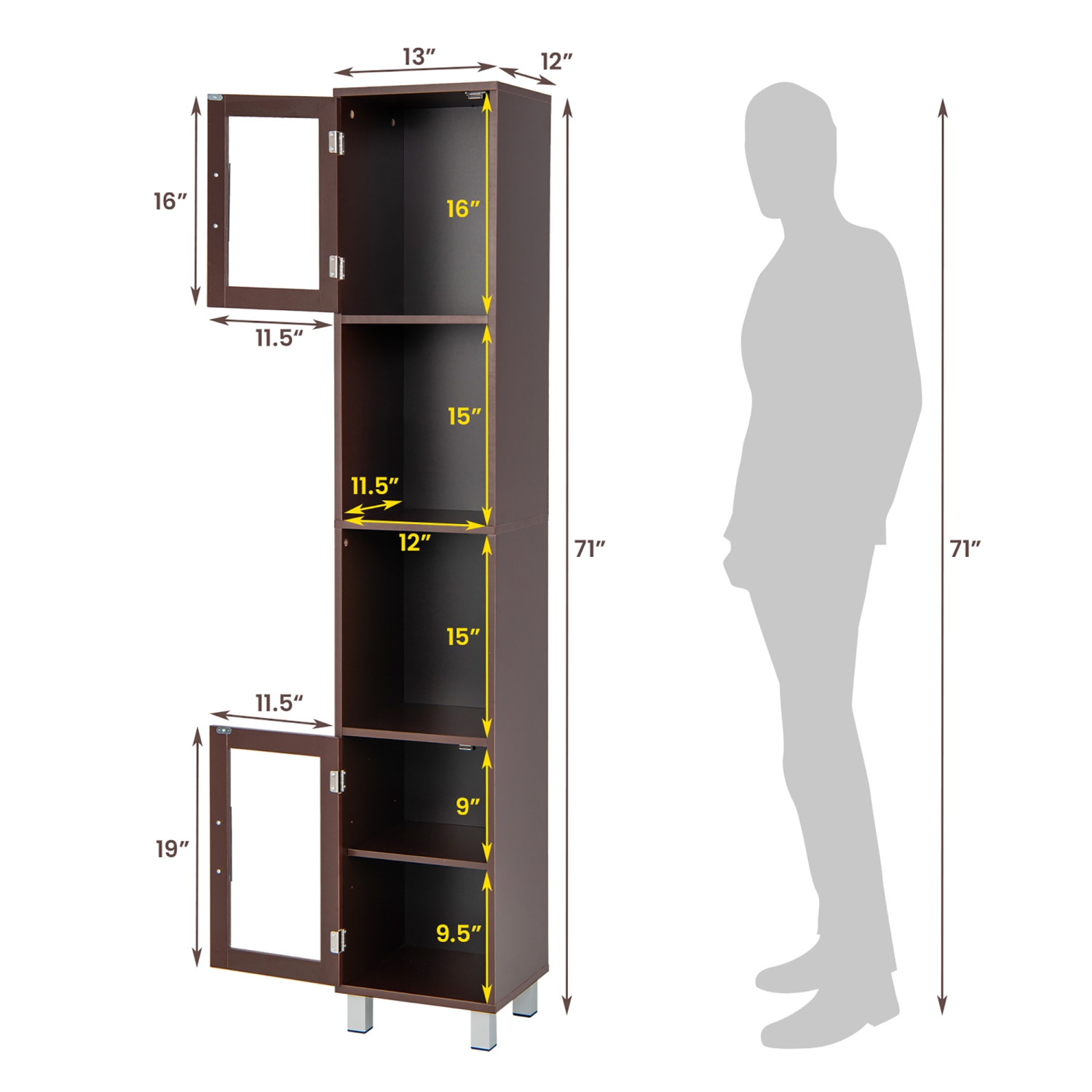 Armoire de rangement verticale haute de 71&nbsp;po pour salle de bain de Costway Étagères de présentation pour chambre à coucher