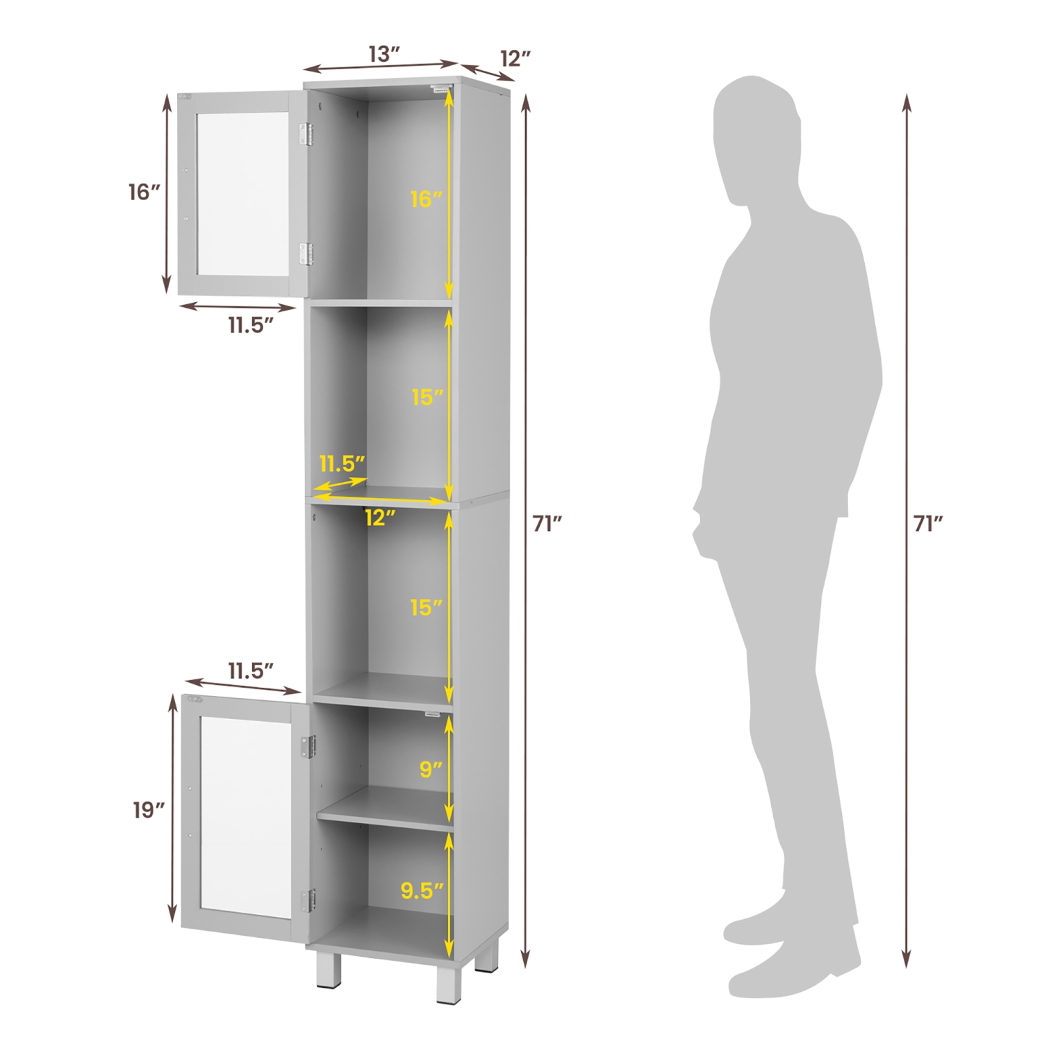 Armoire de rangement verticale haute de 71&nbsp;po pour salle de bain de Costway Étagères de présentation pour chambre à coucher