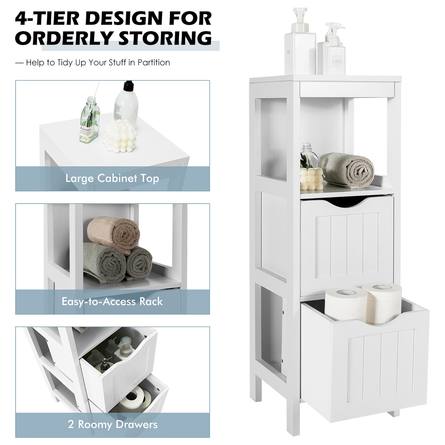 Costway Bathroom Floor Cabinet Freestanding Side Storage Organizer w/2 Removable Drawers