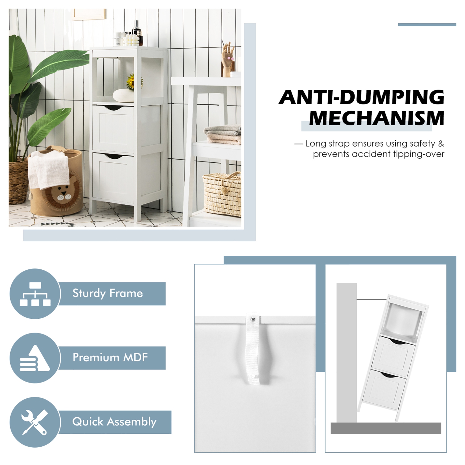 Costway Bathroom Floor Cabinet Freestanding Side Storage Organizer w/2 Removable Drawers