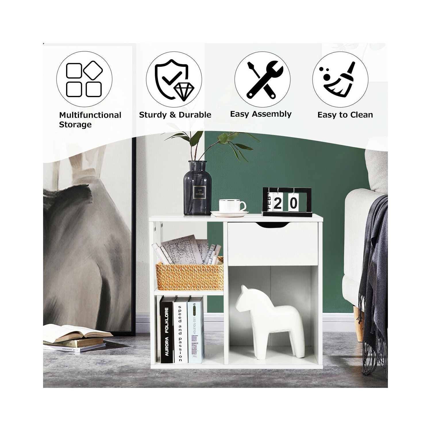 3-tier Side Table with Storage Shelf and Drawer Space