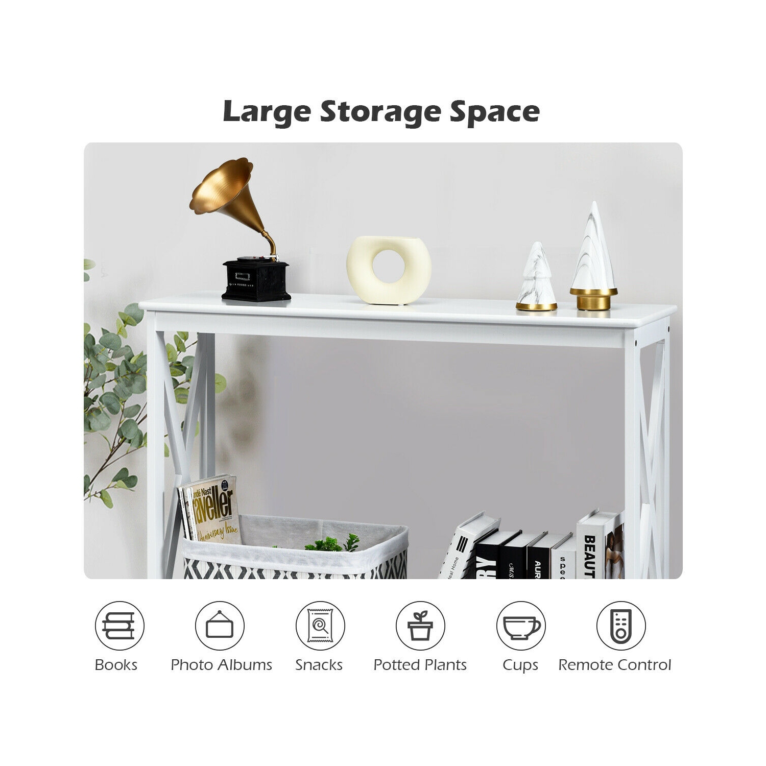 2-Tier Console Sofa Side Table with X-Design for Living Room or Entryway