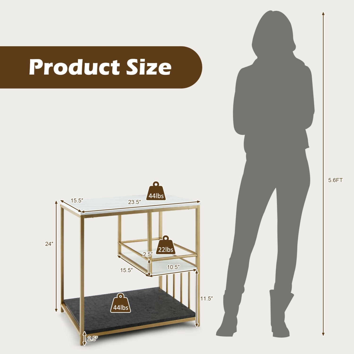 Table d’appoint à 3 niveaux avec cadre en acier poli doré et tablette de rangement ouverte - Doré