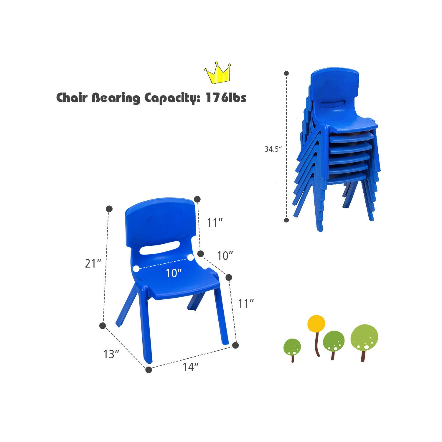 Paquet de 6 chaises empilables en plastique pour enfants - Bleu