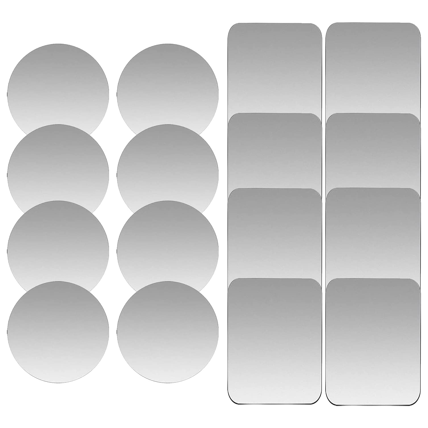 Replacement Metal Plates Set 16 Pack for Magnetic Car Phone Holders, Wall, Air Vent Mounts, Cases, Magnets. Kit of 8 Silver Round and 8 Rectangular Iron Discs without Holes.