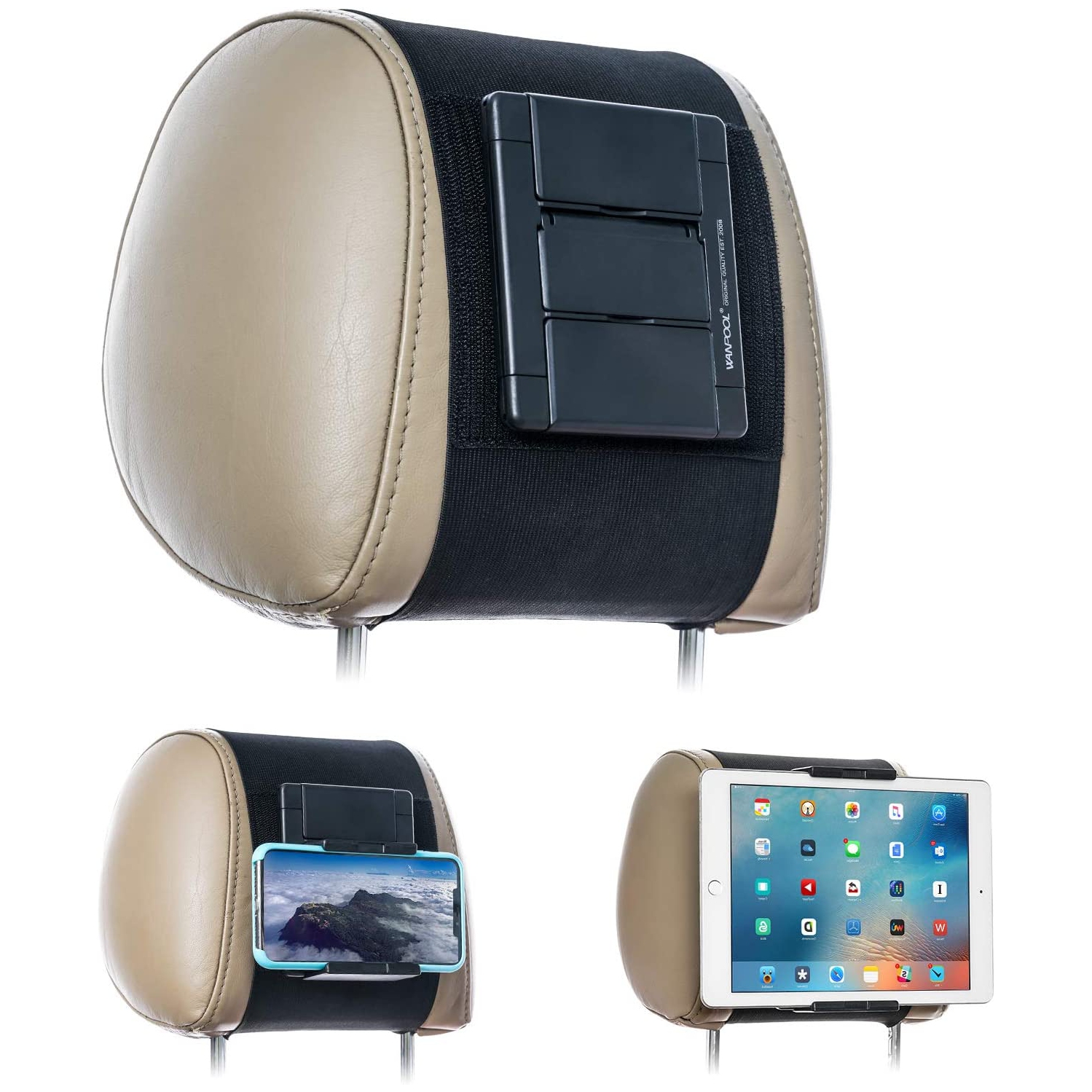 Car Headrest Mount Holder for Tablets and Phones with 5-10.5' Screens -Apple iPhone iPad Air Mini, Samsung Galaxy, Nintendo Switch