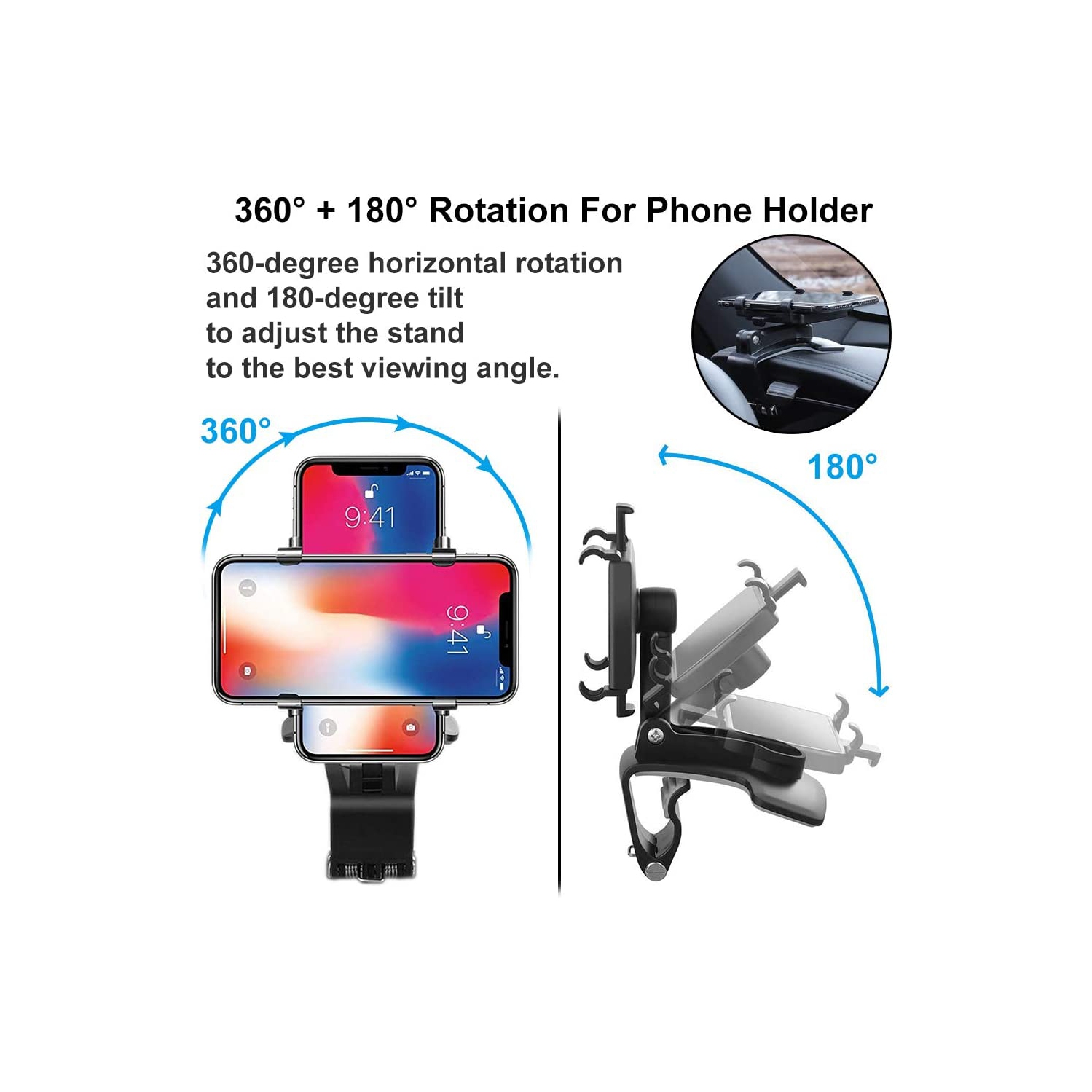 Support de téléphone pour l’auto, support de téléphone cellulaire pour support de voiture à pince rotative 360 degrés compatible avec iPhone 11/12