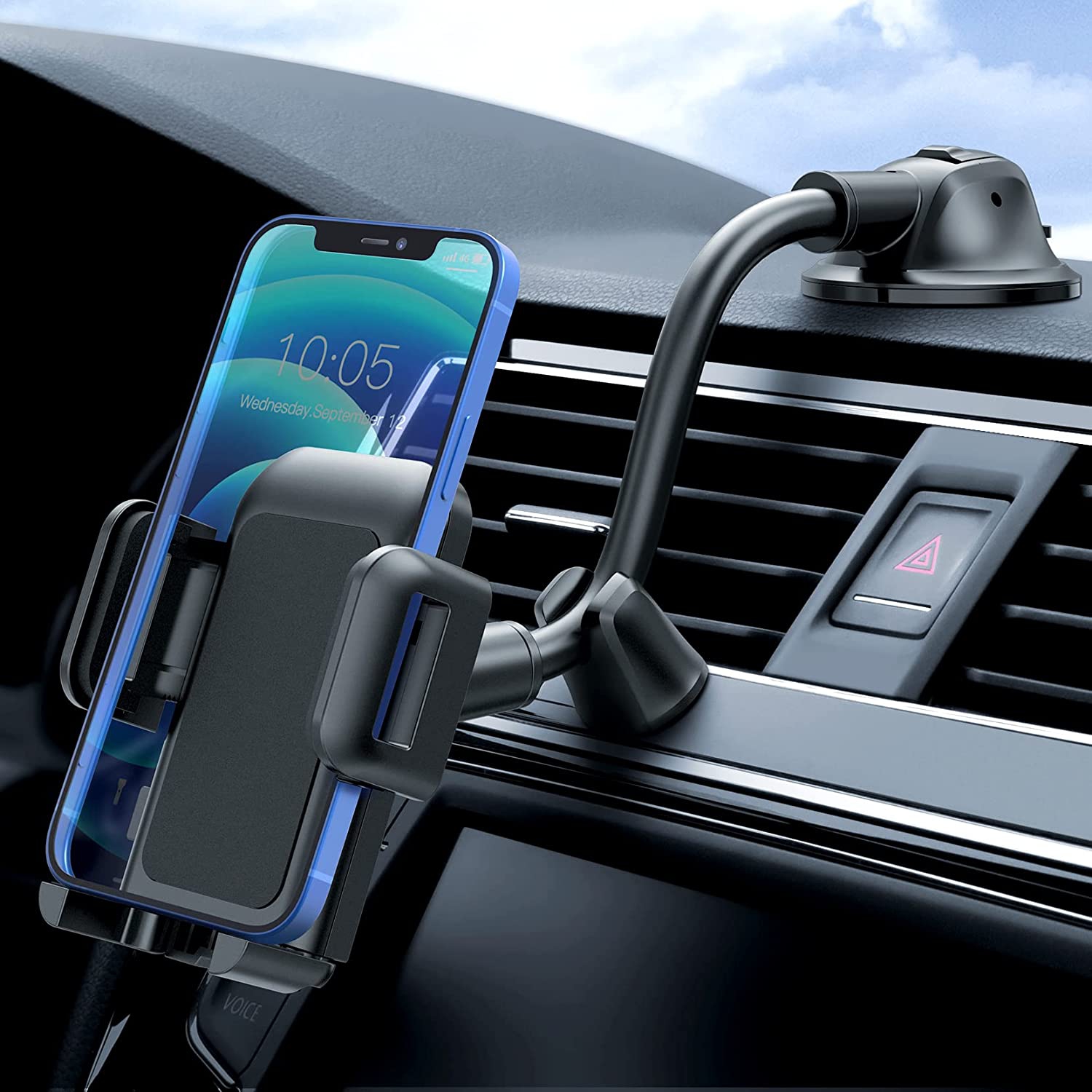 Car Phone Holder Mount, Long Arm Dashboard Whindshield Phone Holder with Anti-Shake Device, Strong Suction Cup Car Mount Compatible with iPhone 13 12 11 Pro Max XS XR, Galaxy Note