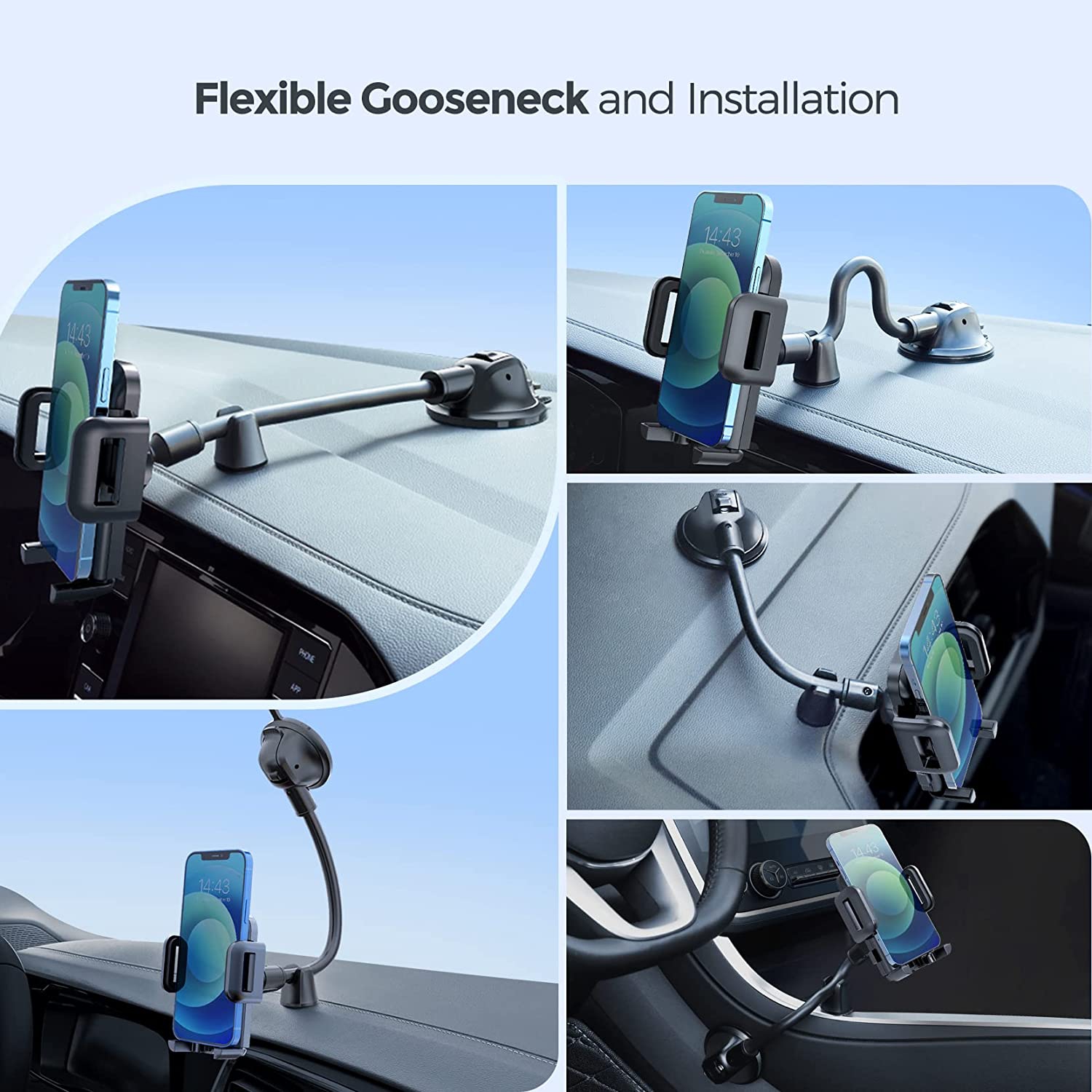 Car Phone Holder Mount, Long Arm Dashboard Whindshield Phone Holder with Anti-Shake Device, Strong Suction Cup Car Mount Compatible with iPhone 13 12