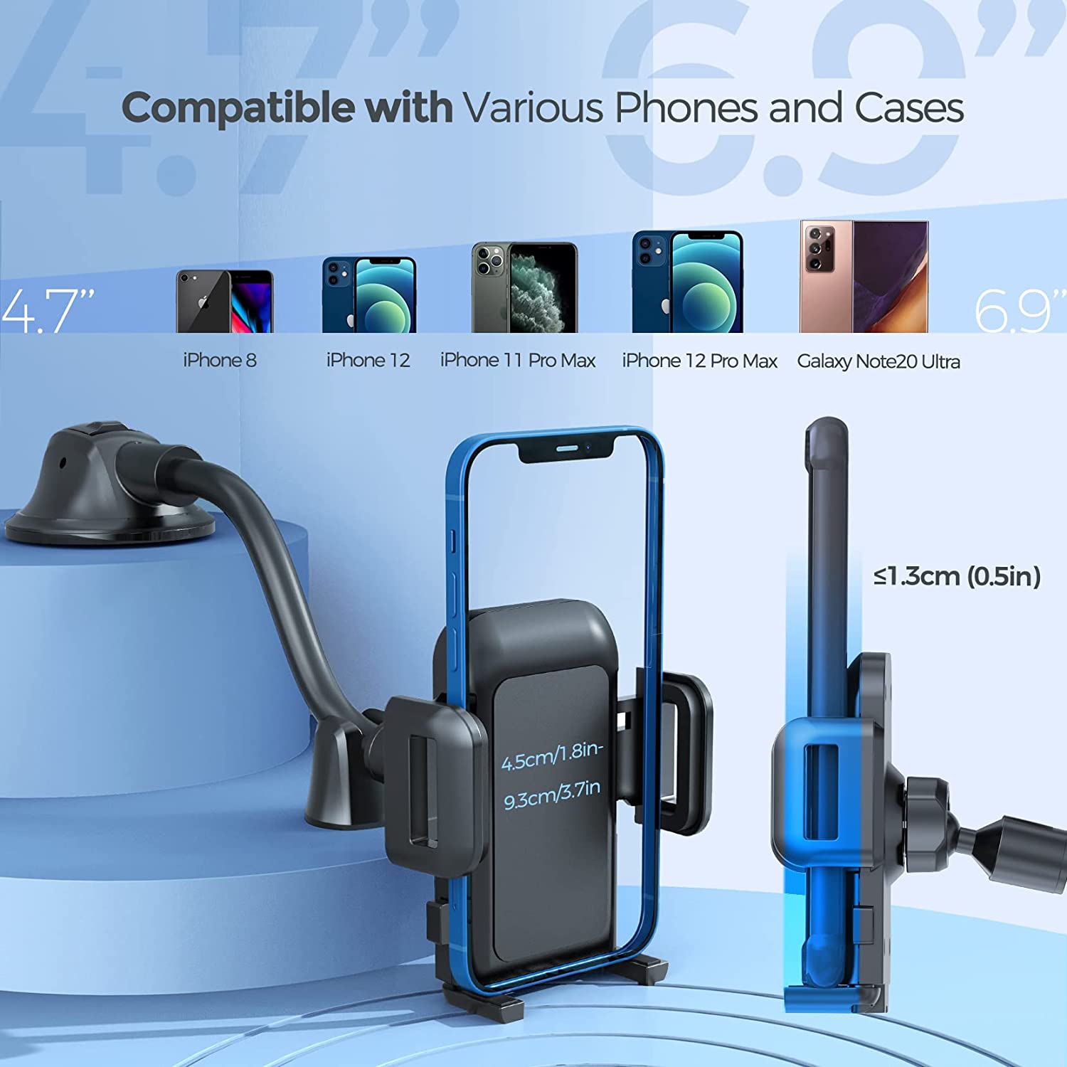 Car Phone Holder Mount, Long Arm Dashboard Whindshield Phone Holder with Anti-Shake Device, Strong Suction Cup Car Mount Compatible with iPhone 13 12