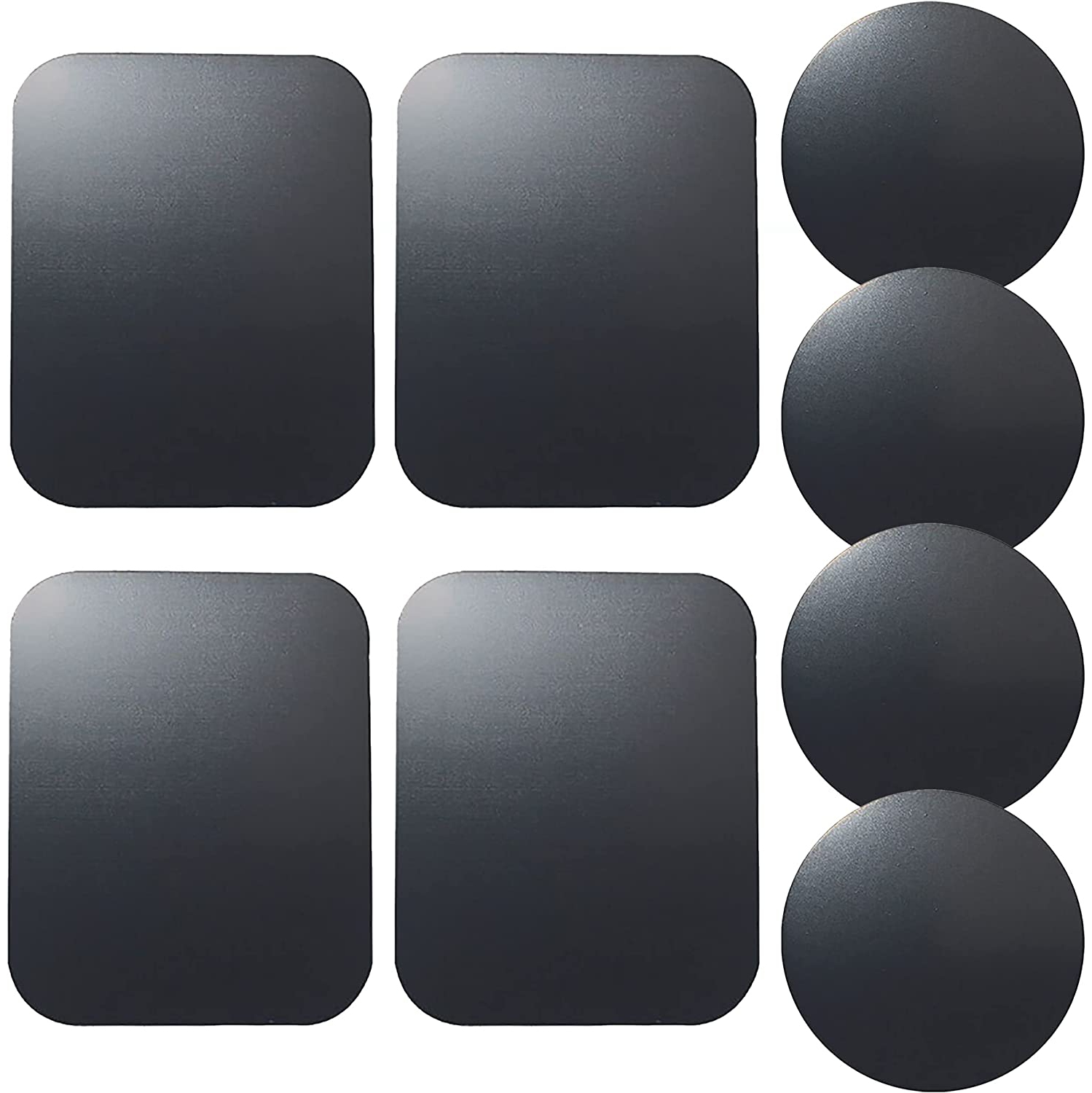 Replacement Metal Plates Set (8 Pack) for Magnetic Car Phone Holders, Wall, Air Vent Mounts, Cases, Magnets. Kit of 4 Black Round and 4 Rectangular Iron Discs Without Holes.