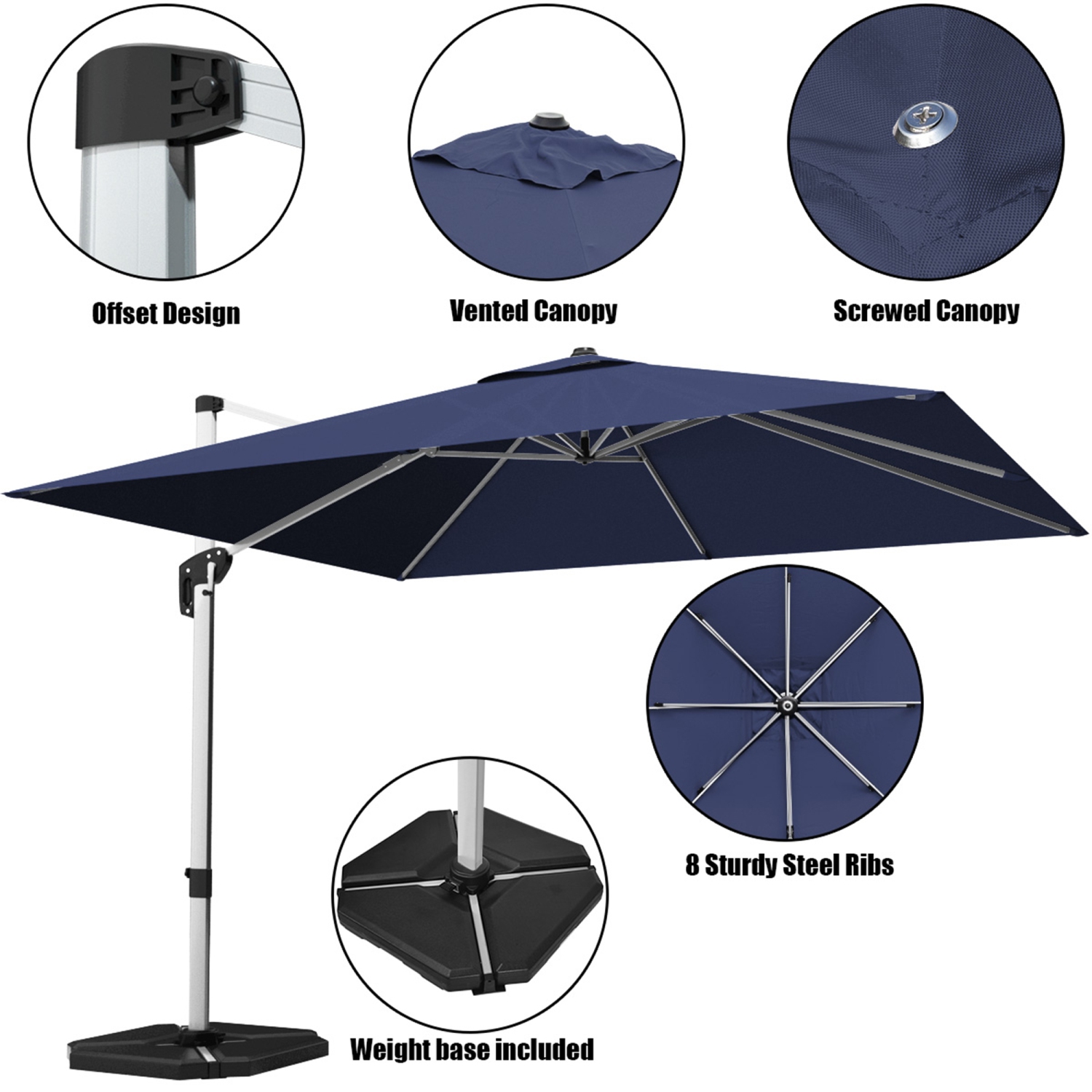 Gymax 10Ft Square Offset Hanging Patio Umbrella w/ Base 360 Degree Tilt Brick Red/Red/Blue/Beige/Tan