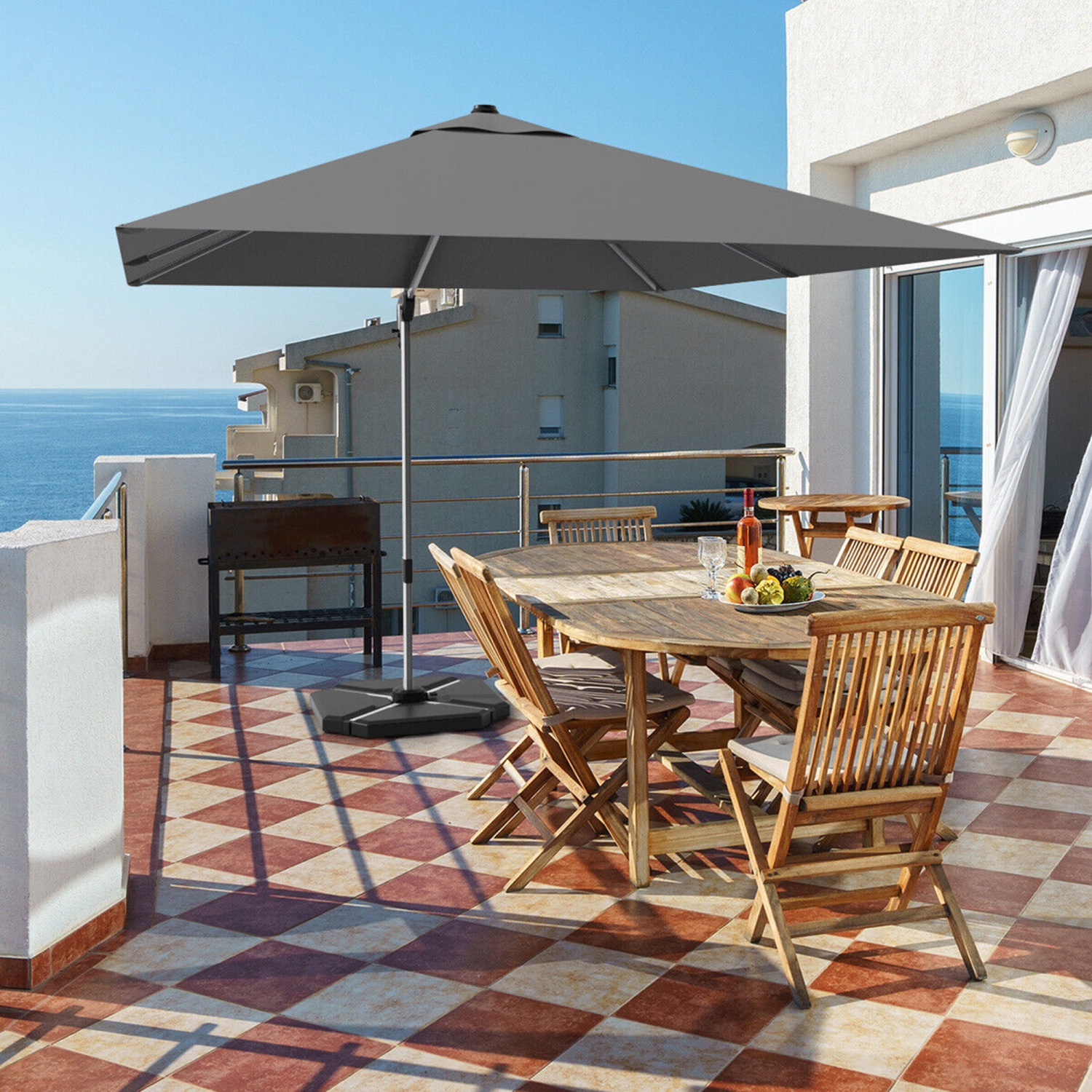 Gymax 10Ft Square Offset Hanging Patio Umbrella w/ Base 360 Degree Tilt Brick Red/Red/Blue/Beige/Tan