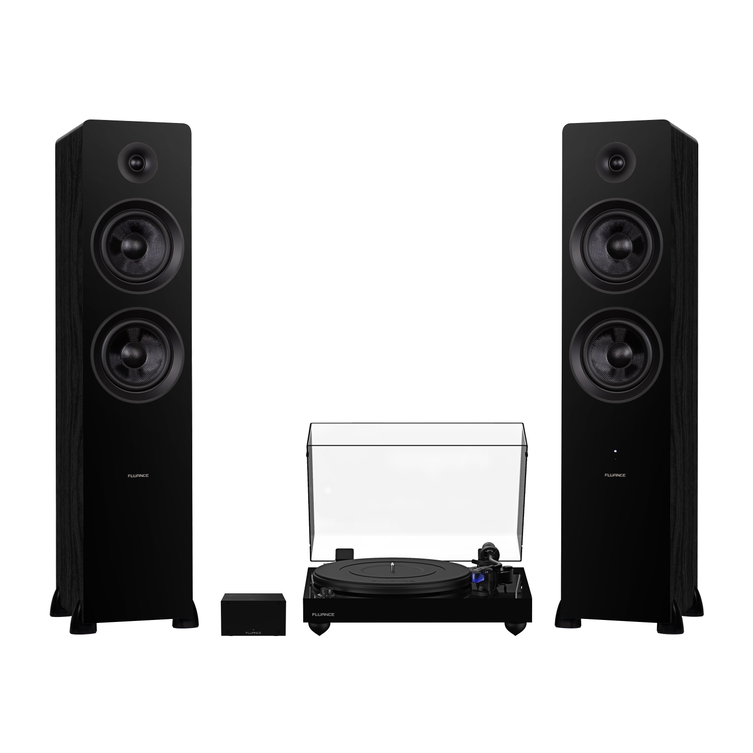 Tourne-disque haute fidélité RT84 Reference de Fluance, préamplificateur phono PA10 et haut-parleurs colonne amplifiés Ai81 Elite