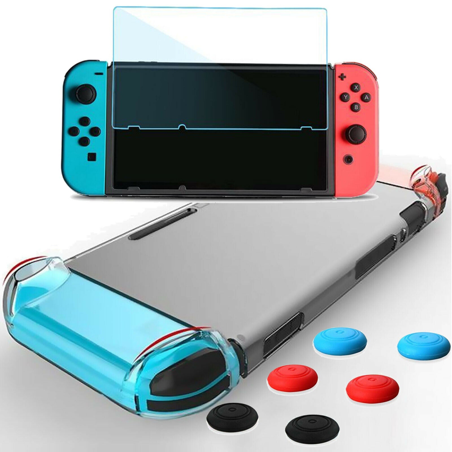3-EN-1-[revêtement souple en TPUR + 6 capuchons antidérapants en verre trempé] pour Nintendo Switch