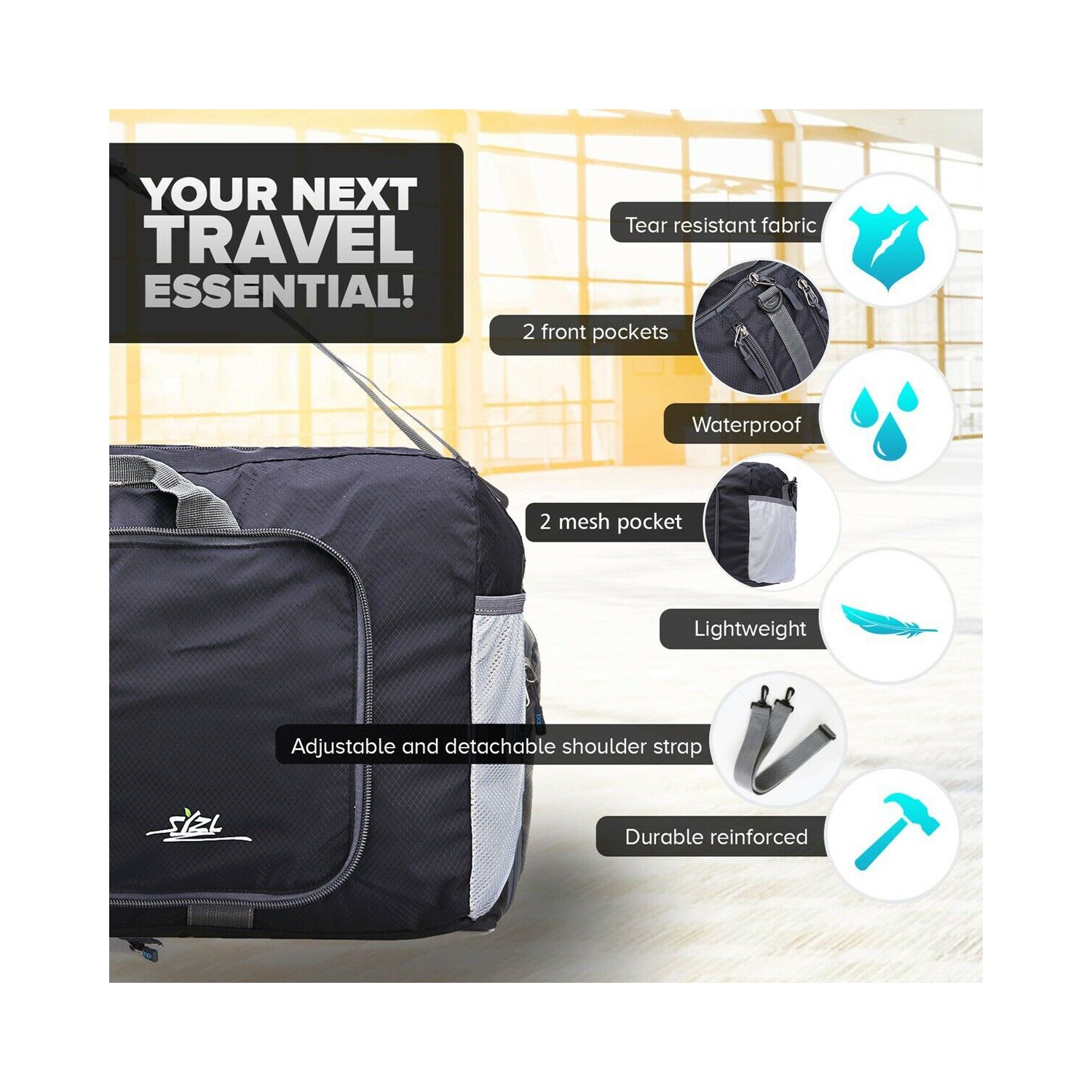 Water & Tear Resistant 40L Foldable Packable Travel Weekender Duffle Bag CA