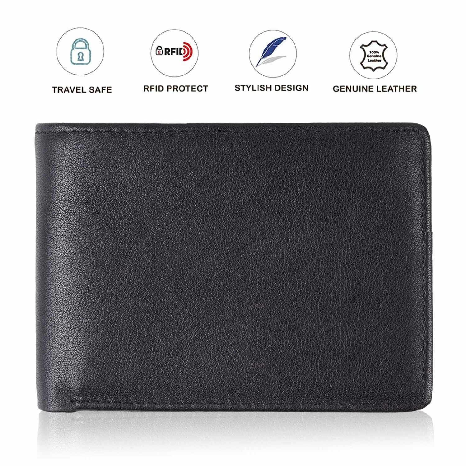 Mens RFID Blocking Bifold Wallet Soft 100% Genuine Leather with ID Window- Black