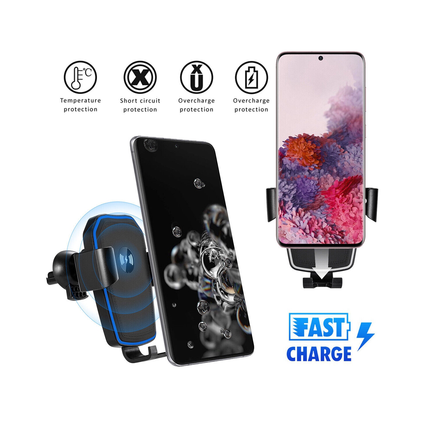 Qi 15W Wireless Fast Charging Car Charger Mount for Galaxy S20/S10, iPhone 12/11