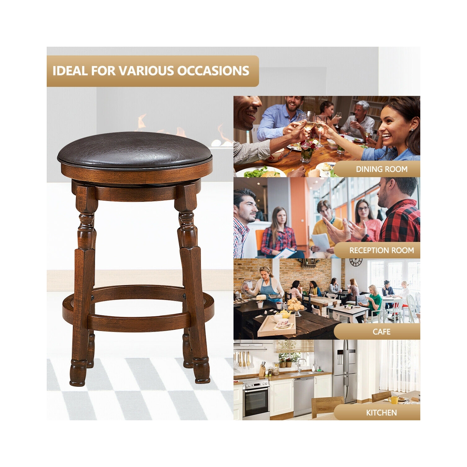 Set of 2 24-Inch Swivel Leather Padded Bar Dining Stool