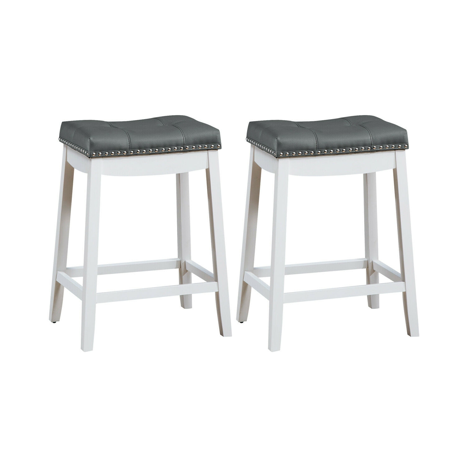 Set of 2 Nailhead Saddle Bar Stools-White