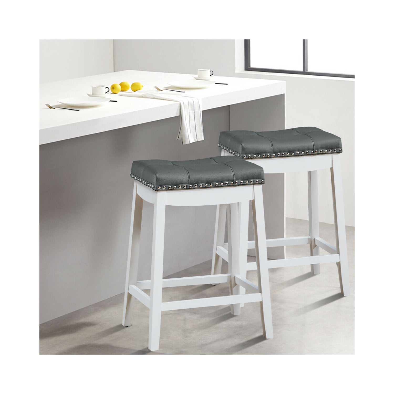 Set of 2 Nailhead Saddle Bar Stools-White