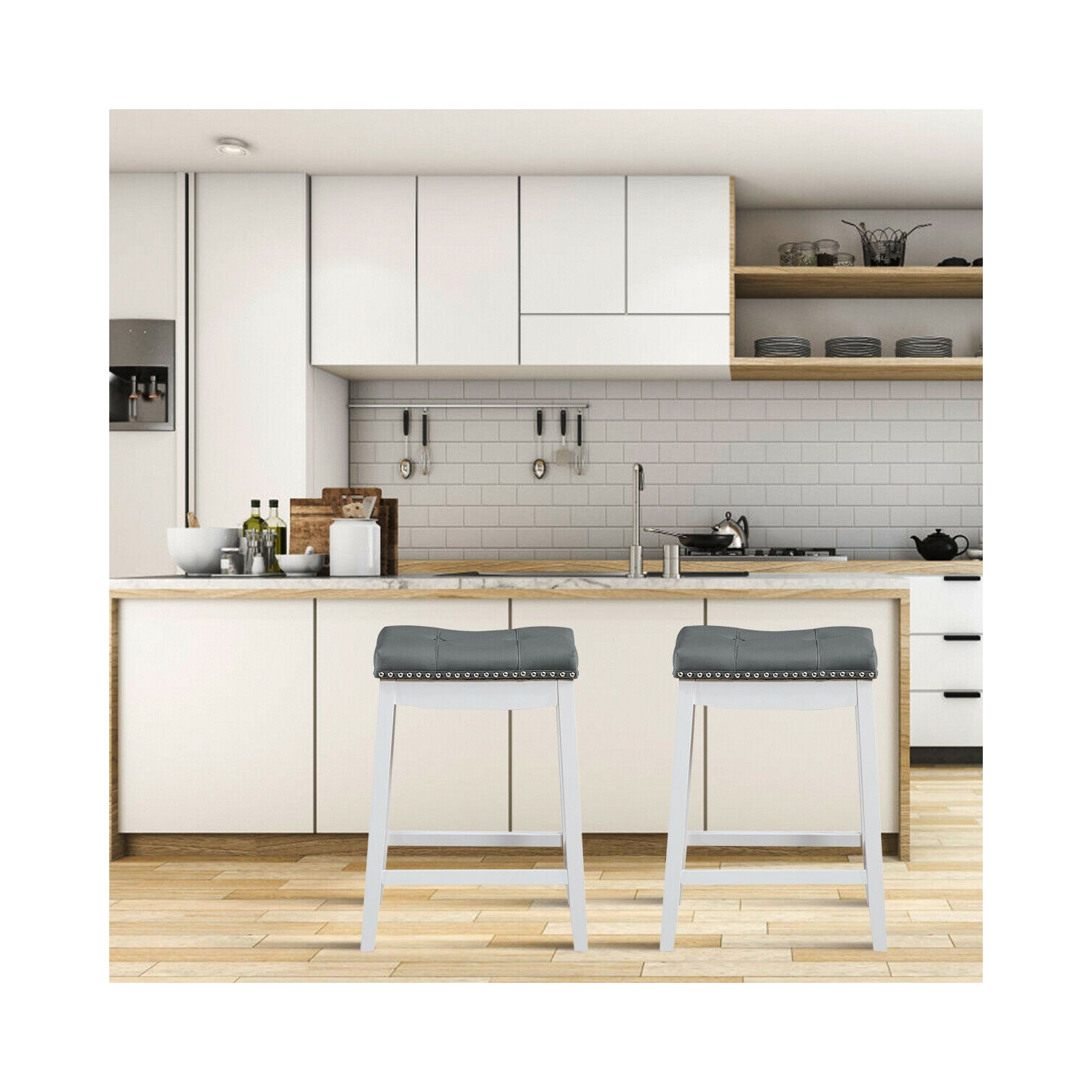 Set of 2 Nailhead Saddle Bar Stools-White