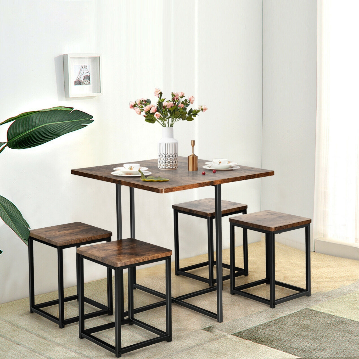 5 Pieces Metal Frame Dining Set with Compact Dining Table and 4 Stools