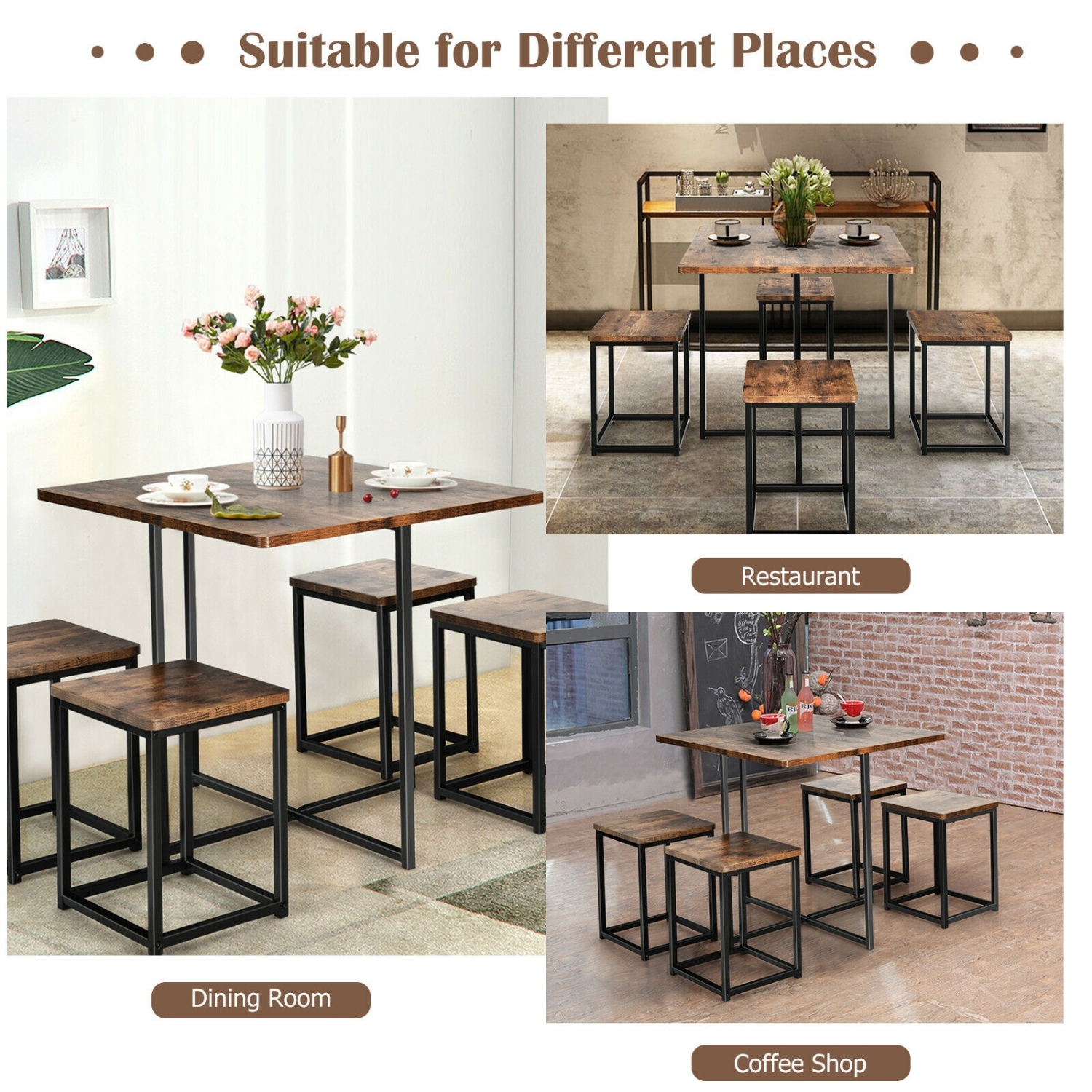 5 Pieces Metal Frame Dining Set with Compact Dining Table and 4 Stools