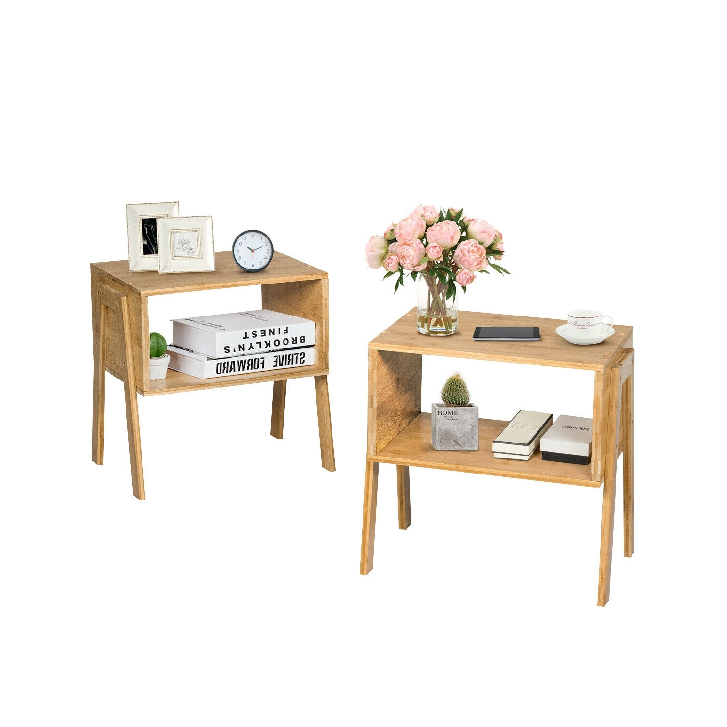 2 Pieces Bamboo Storage Shelf Nightstand Sofa Table