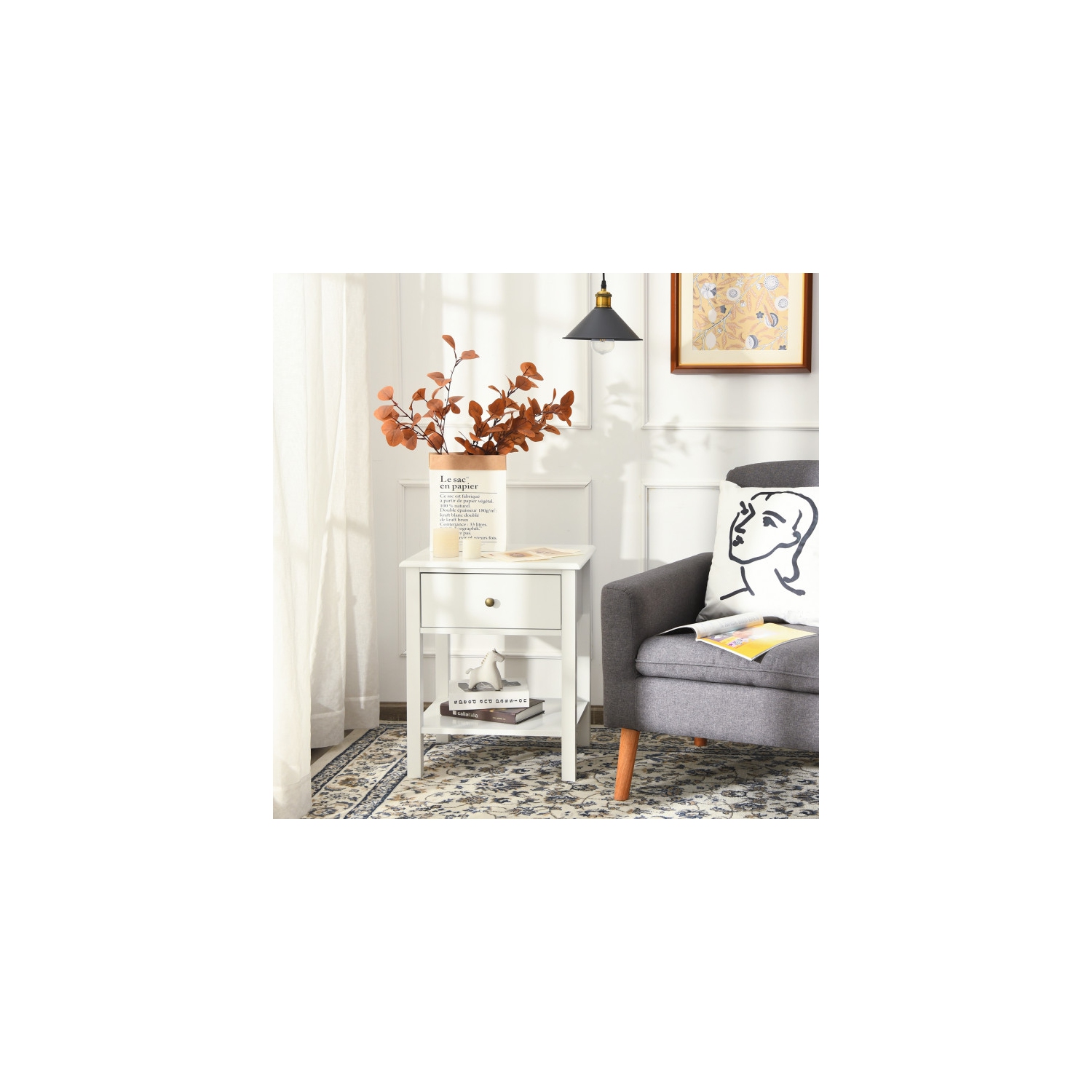 Wood End Table with Single Drawer and Storage Shelf – Nightstand with Minimalist Design