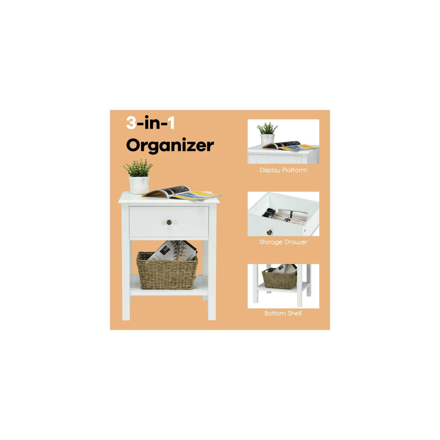 Wood End Table with Single Drawer and Storage Shelf – Nightstand with Minimalist Design