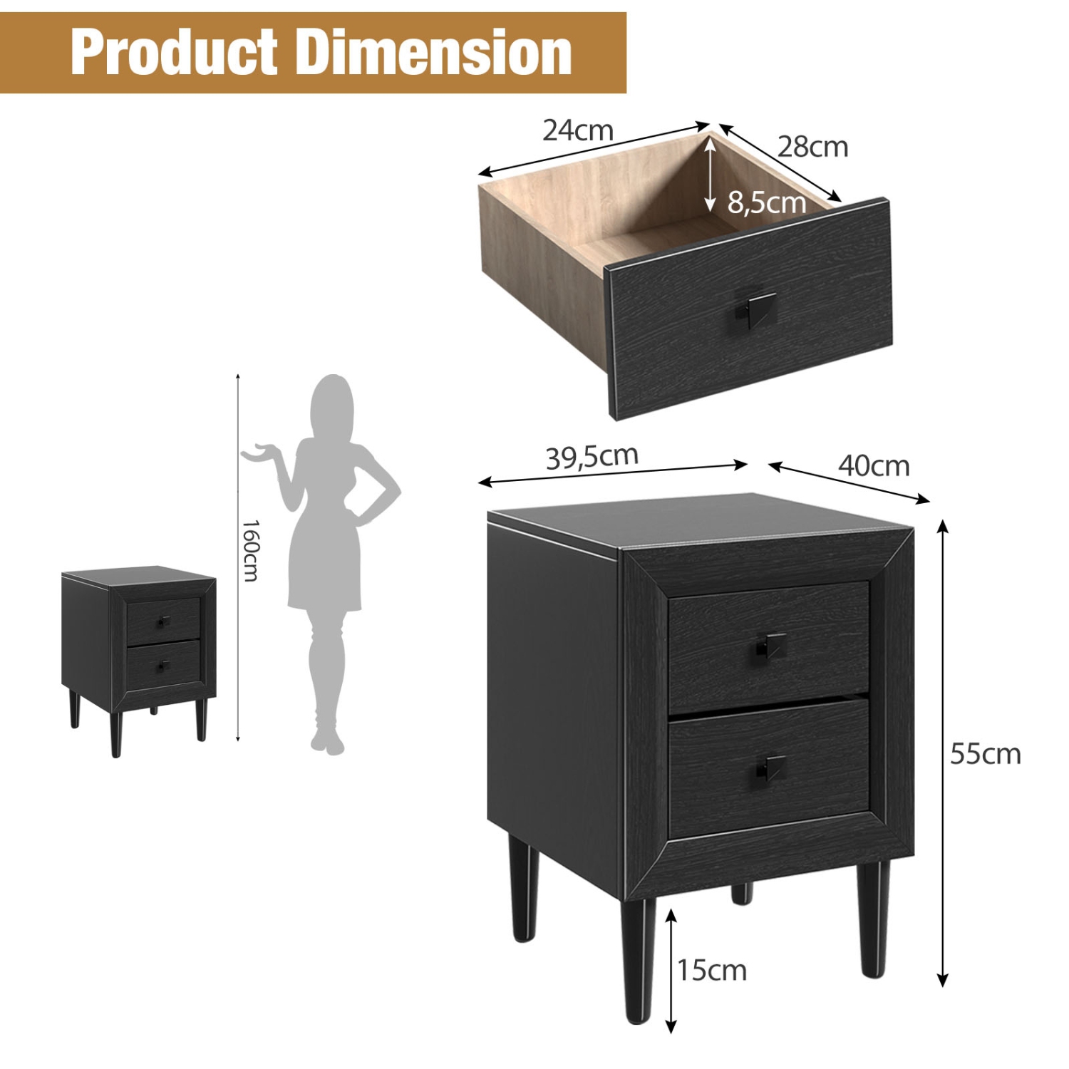Table de chevet rétro à usages multiples avec 2 tiroirs