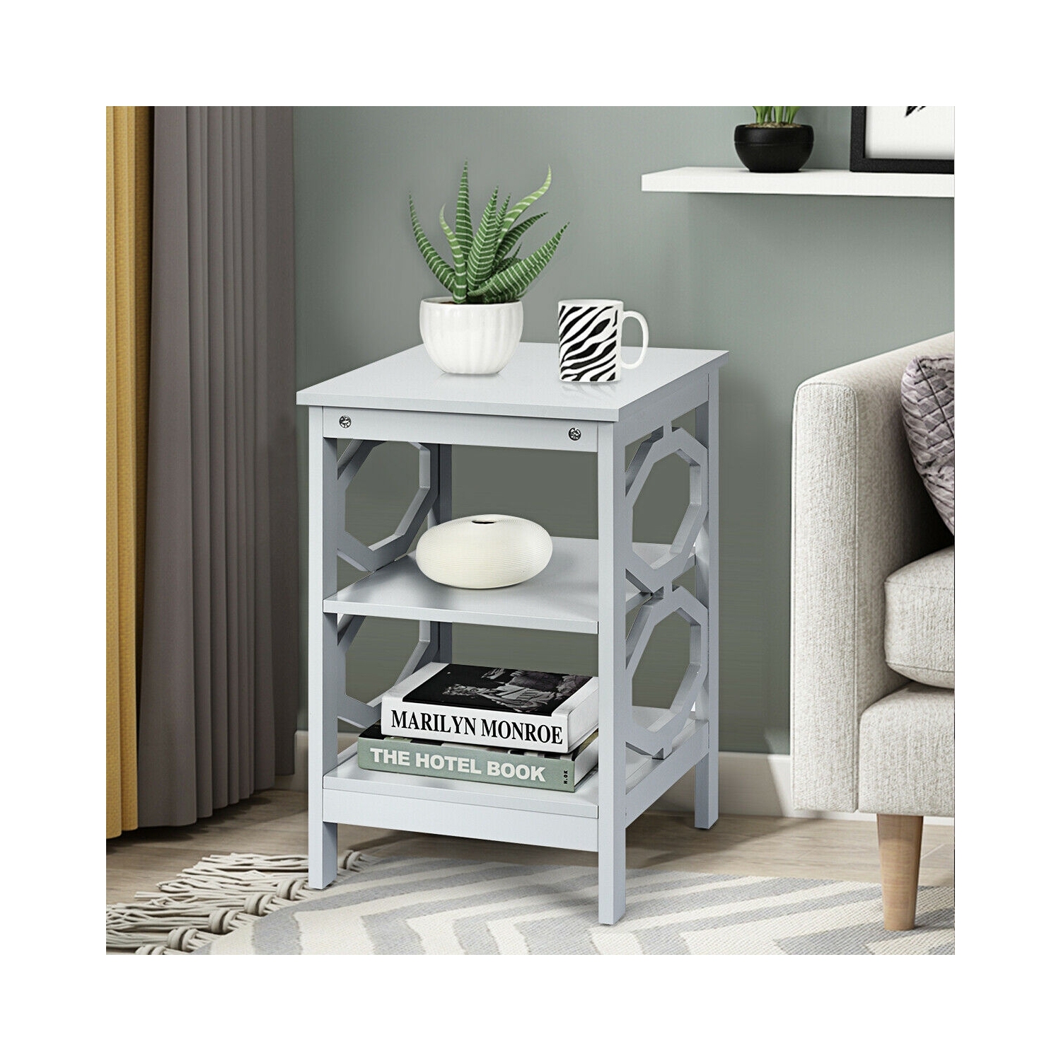 2 Pieces 3-tier Nightstand Sofa Side End Accent Table Storage Display Shelf