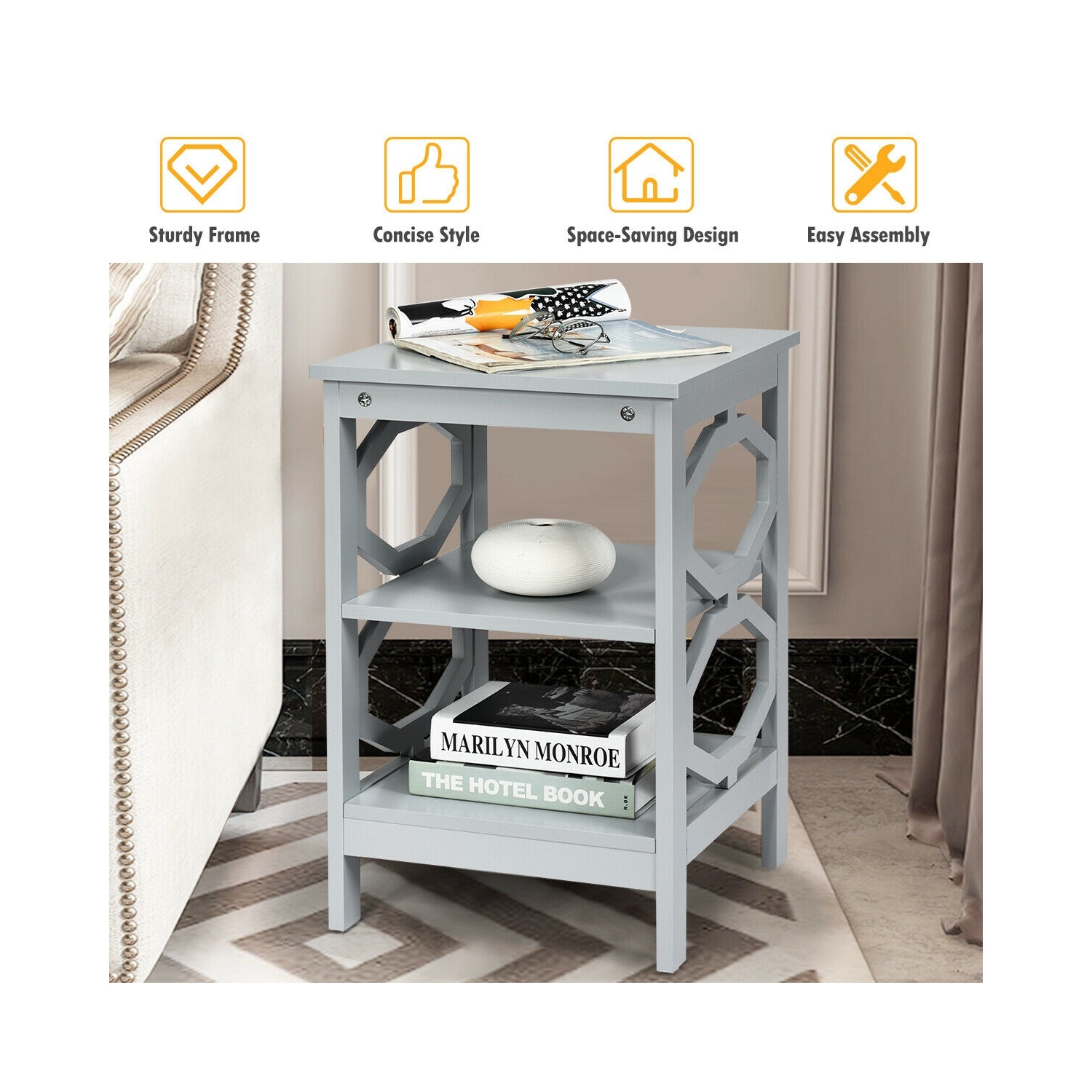 2 Pieces 3-tier Nightstand Sofa Side End Accent Table Storage Display Shelf