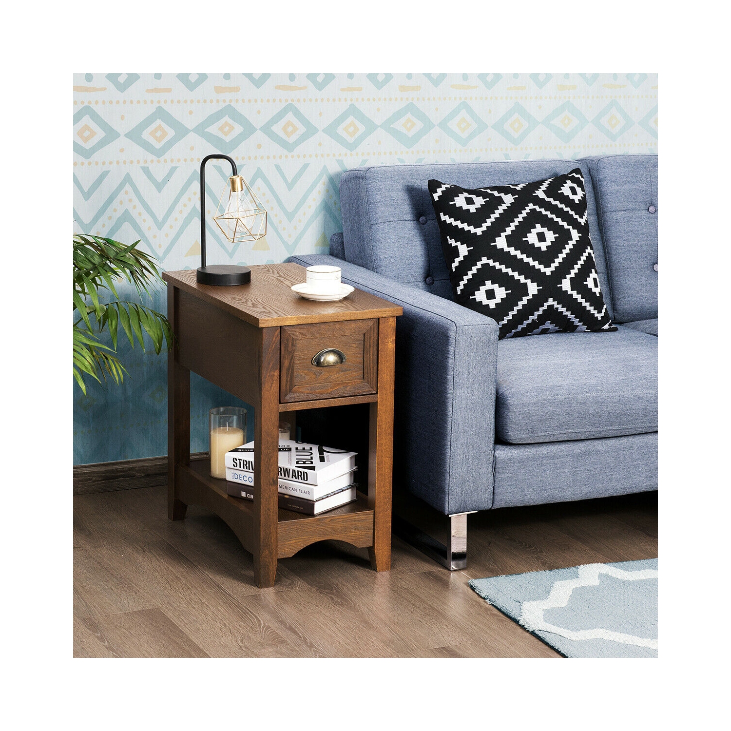 Contemporary Side Table – Compact Chairside End Table with Storage Drawer and Shelf