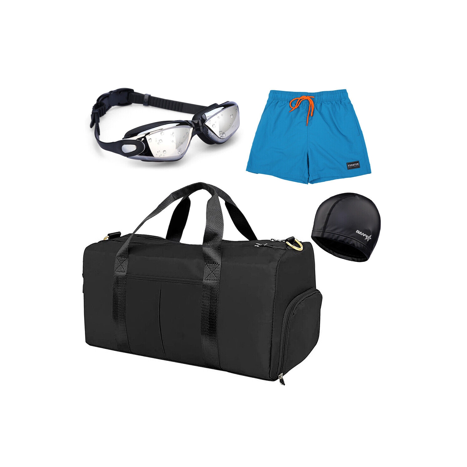 Ensemble 4-EN-1 pour hommes – Sac polochon de sport 34 L + casquette de natation + lunettes + Trunks