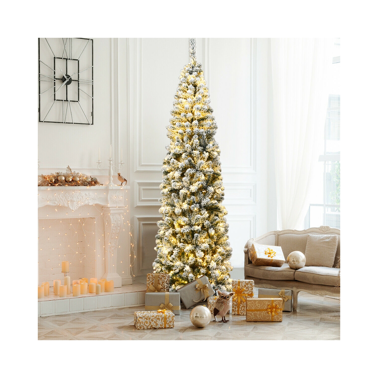 Arbre à crayons illuminé floqué LED, arbre de Noël artificiel étroit pour petits espaces