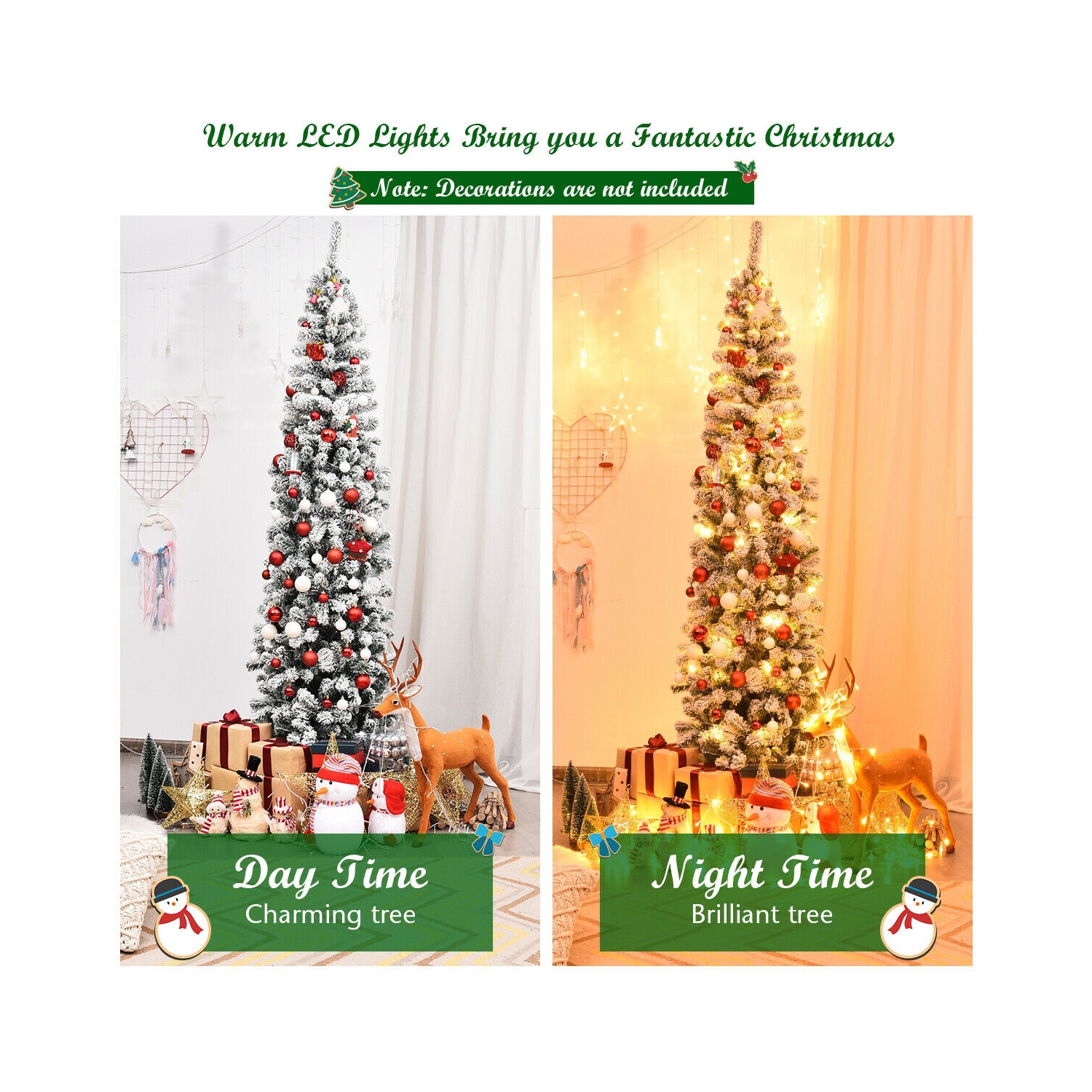 Arbre à crayons illuminé floqué LED, arbre de Noël artificiel étroit pour petits espaces