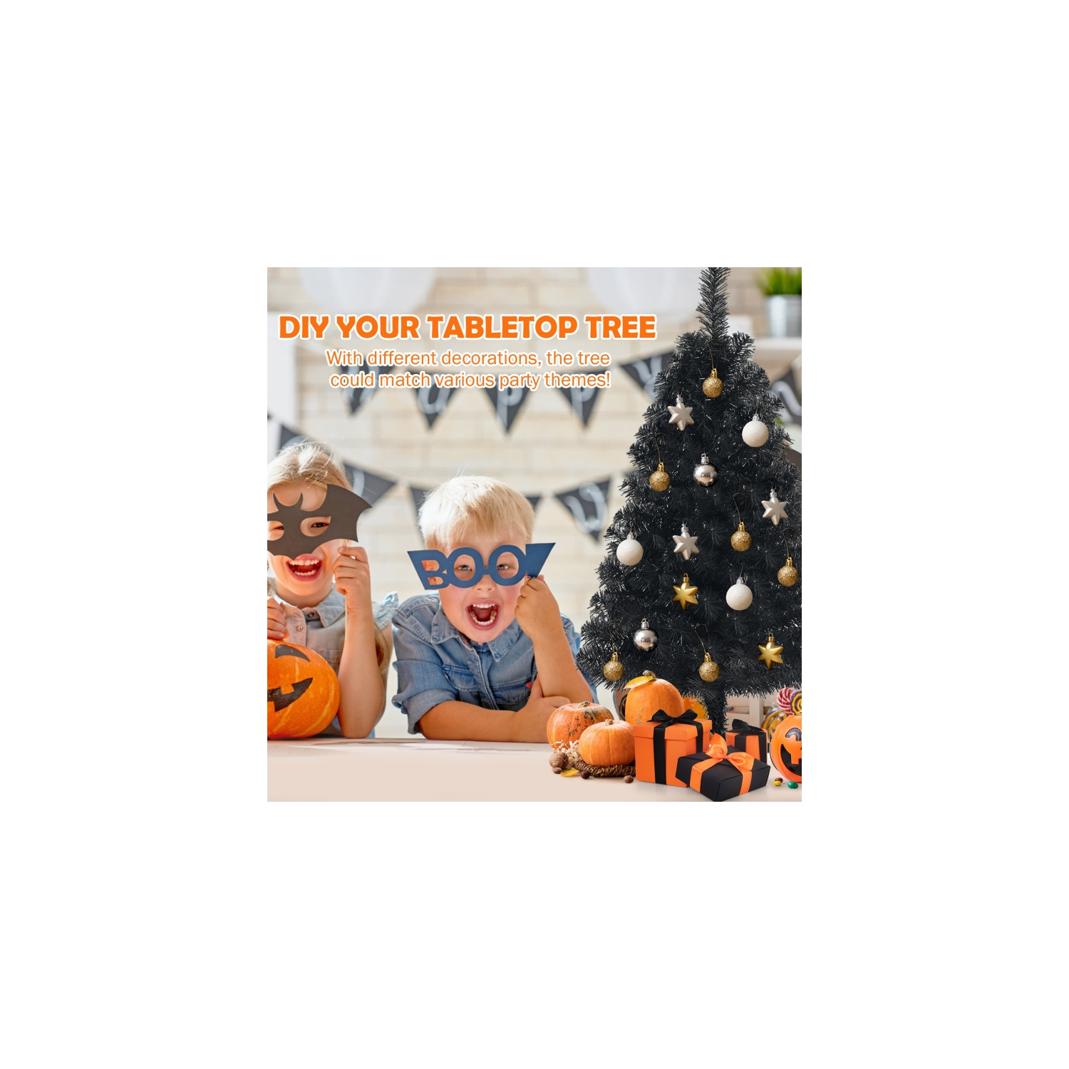 Mini arbre artificiel sans lumières avec support en plastique, idéal pour la décoration de Noël ou d'Halloween