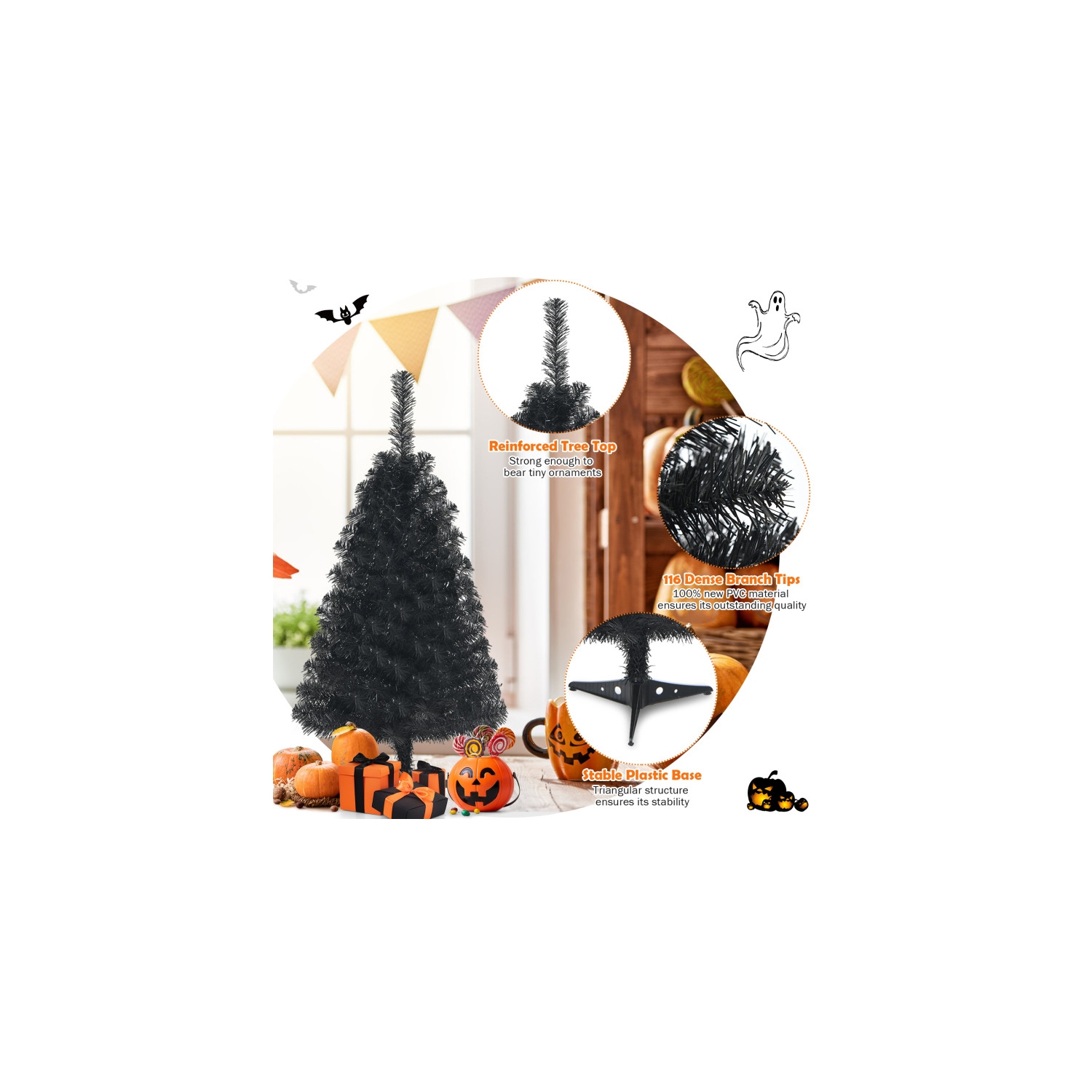 Mini arbre artificiel sans lumières avec support en plastique, idéal pour la décoration de Noël ou d'Halloween