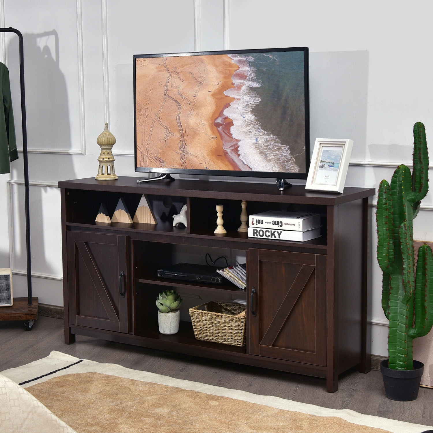 59-Inch TV Stand with Sliding Barn Doors – Media Console Cabinet for TVs up to 65 Inches