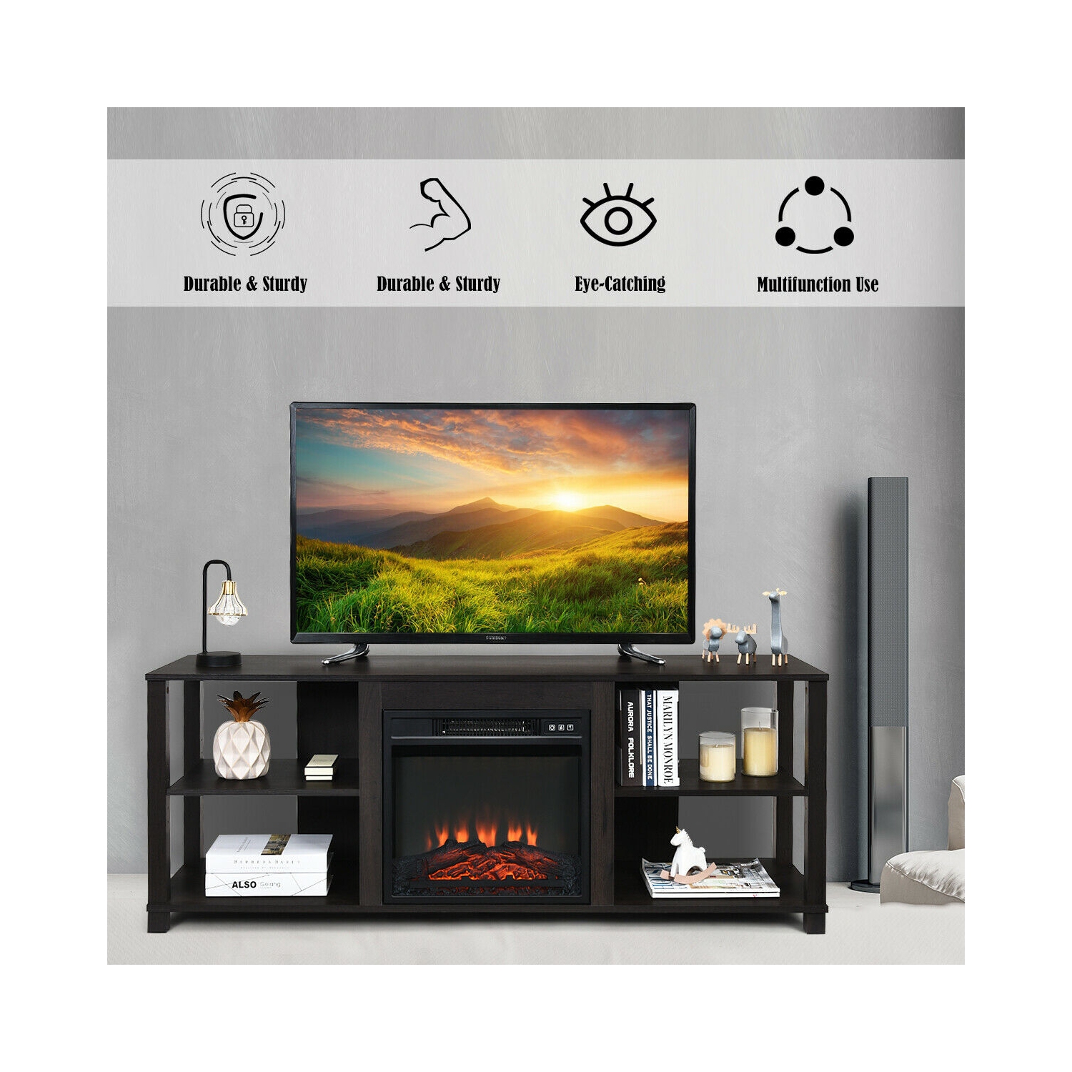 Meuble de rangement à 2 niveaux pour téléviseur avec tablettes réglables