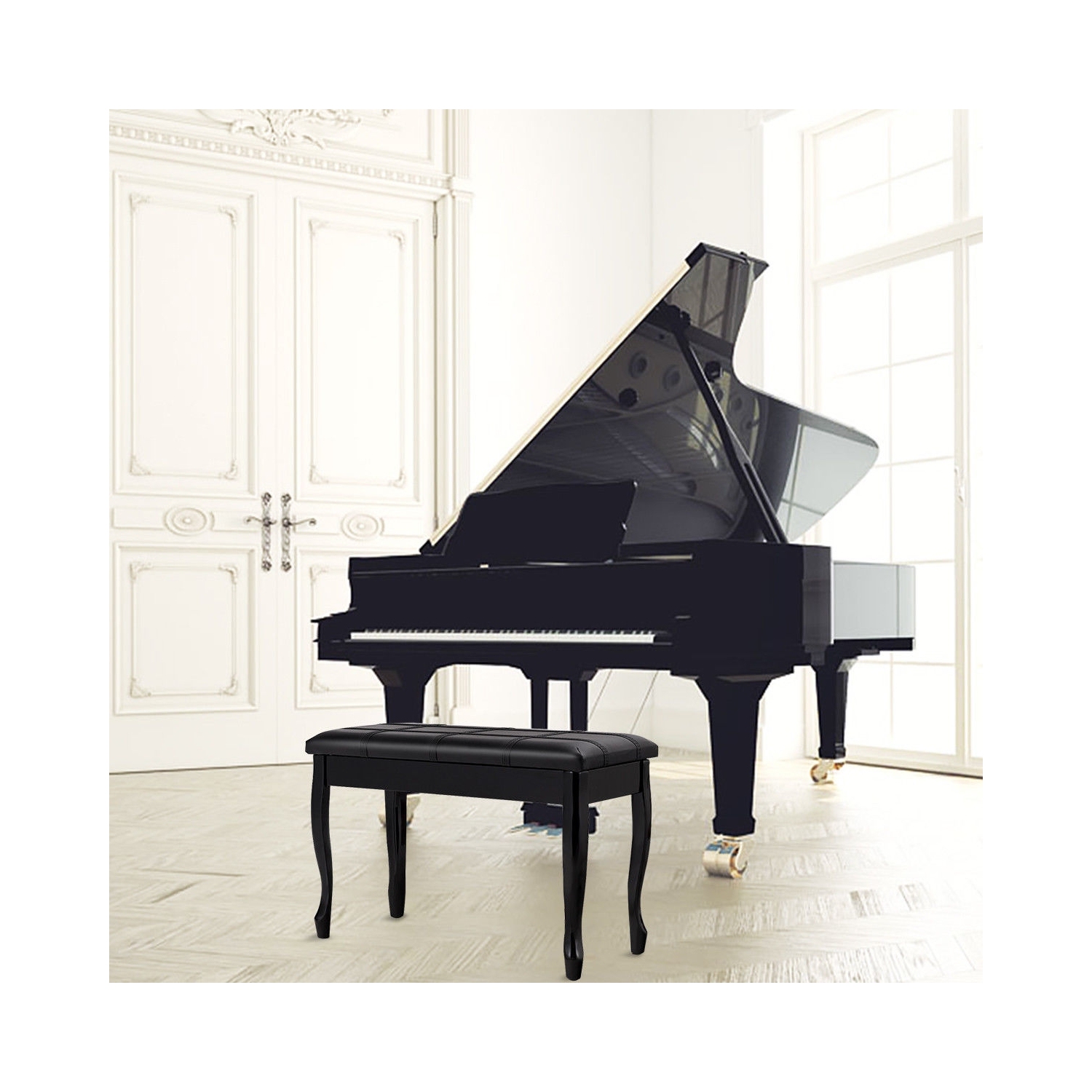 Solid Wood PU Leather Piano Bench with Storage-Black