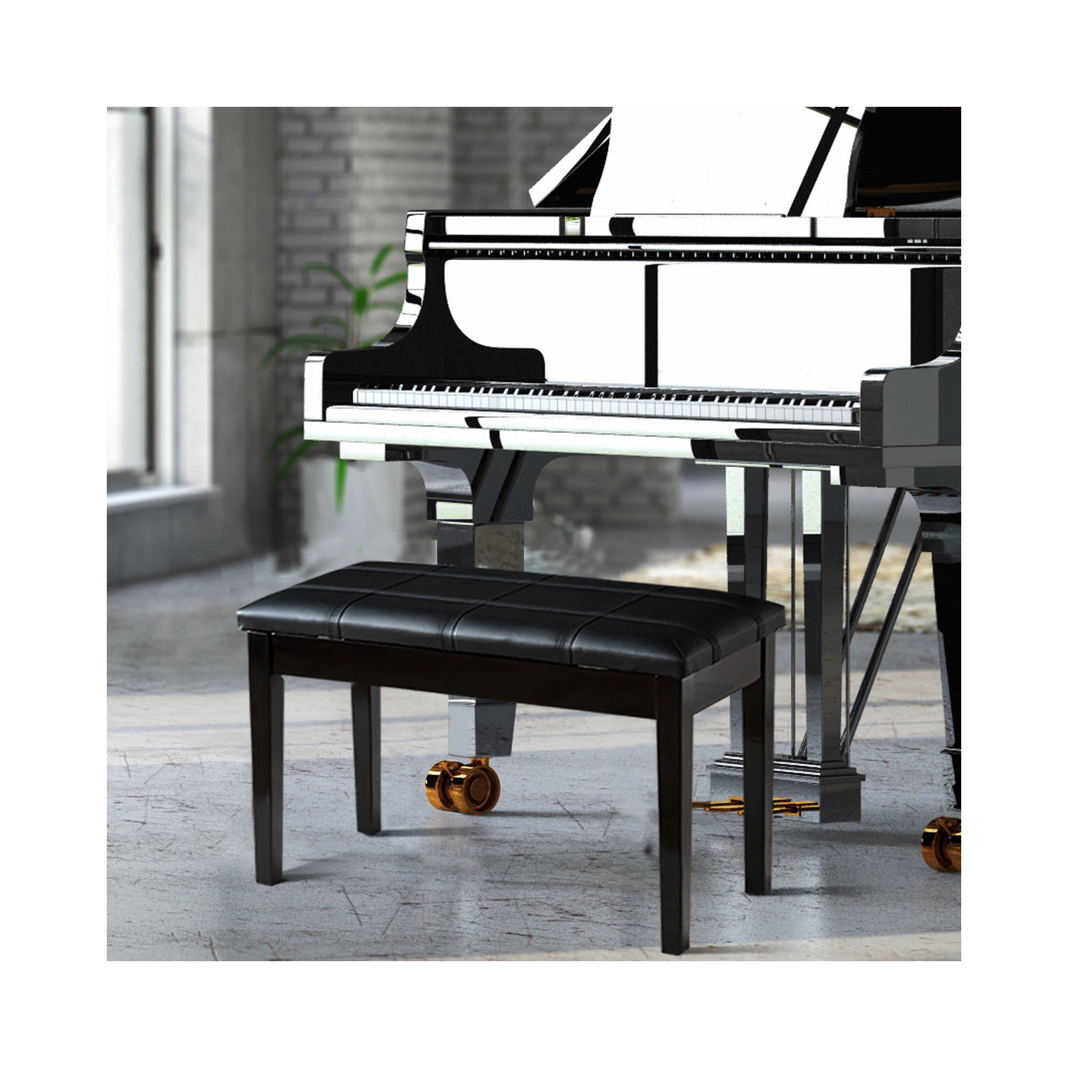 Solid Wood PU Leather Piano Double Duet Keyboard Bench-Black