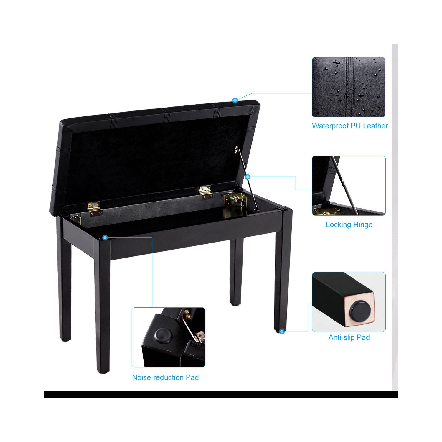 Solid Wood PU Leather Piano Double Duet Keyboard Bench-Black