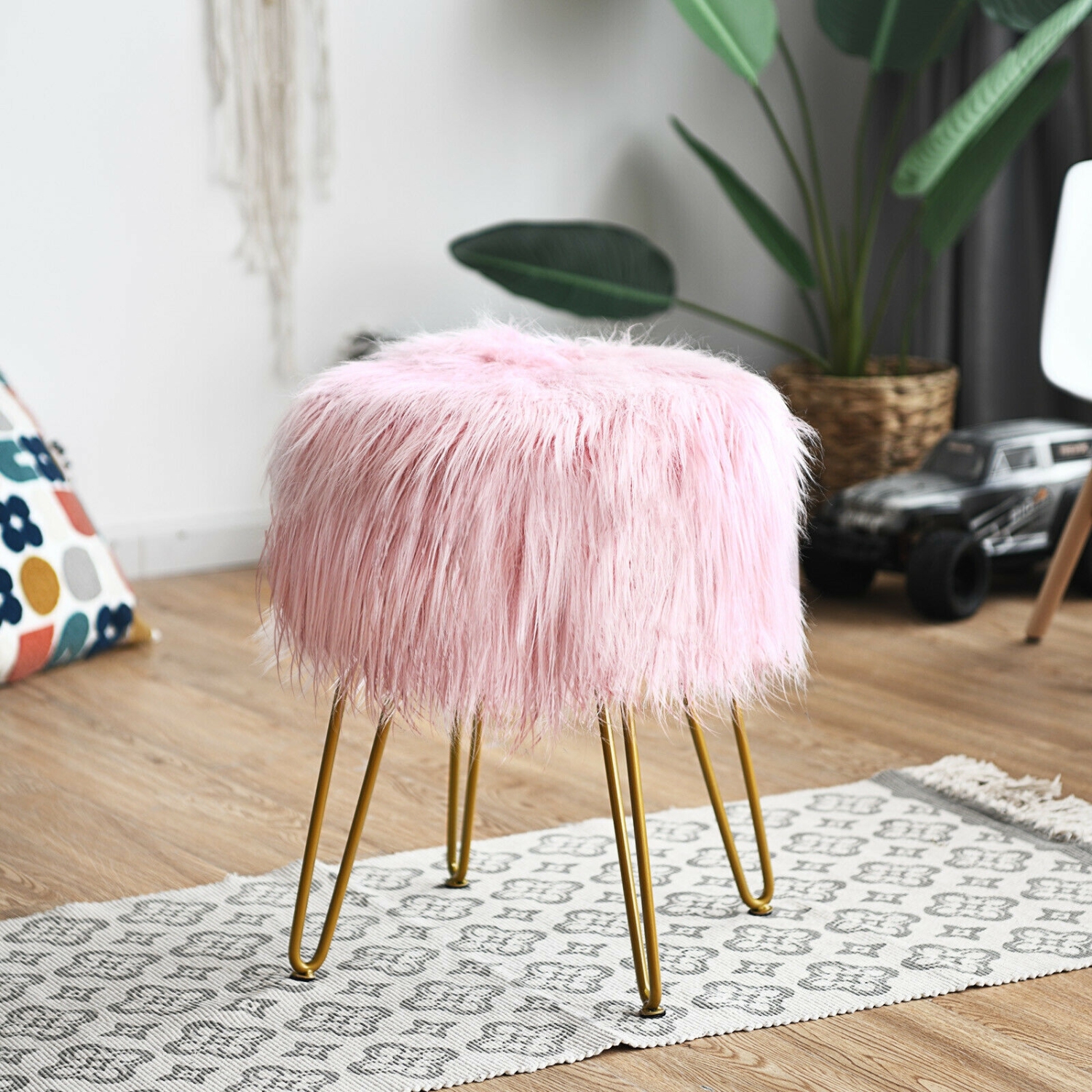 Faux Fur Vanity Chair Makeup Stool Furry Padded Seat Round Ottoman-Pink