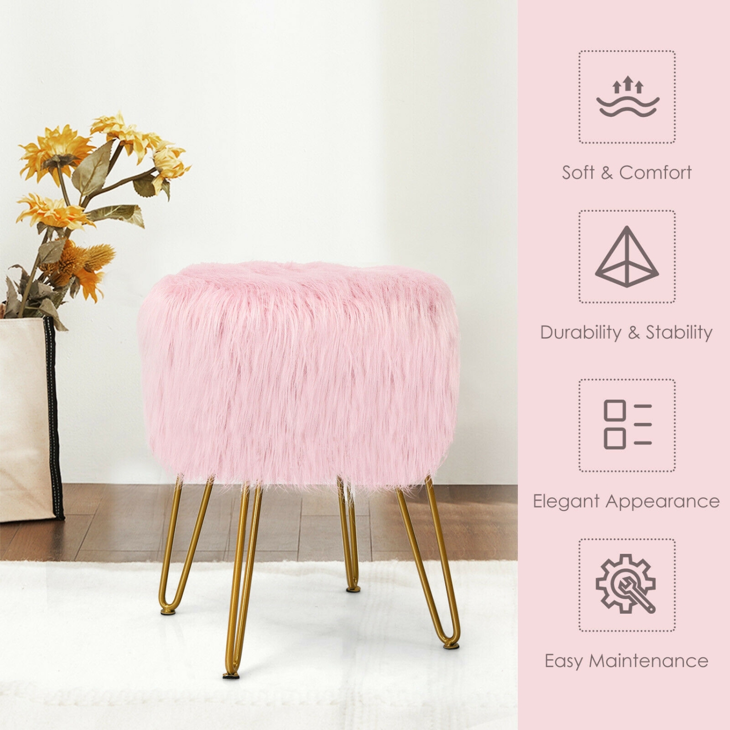 Faux Fur Vanity Chair Makeup Stool Furry Padded Seat Round Ottoman-Pink
